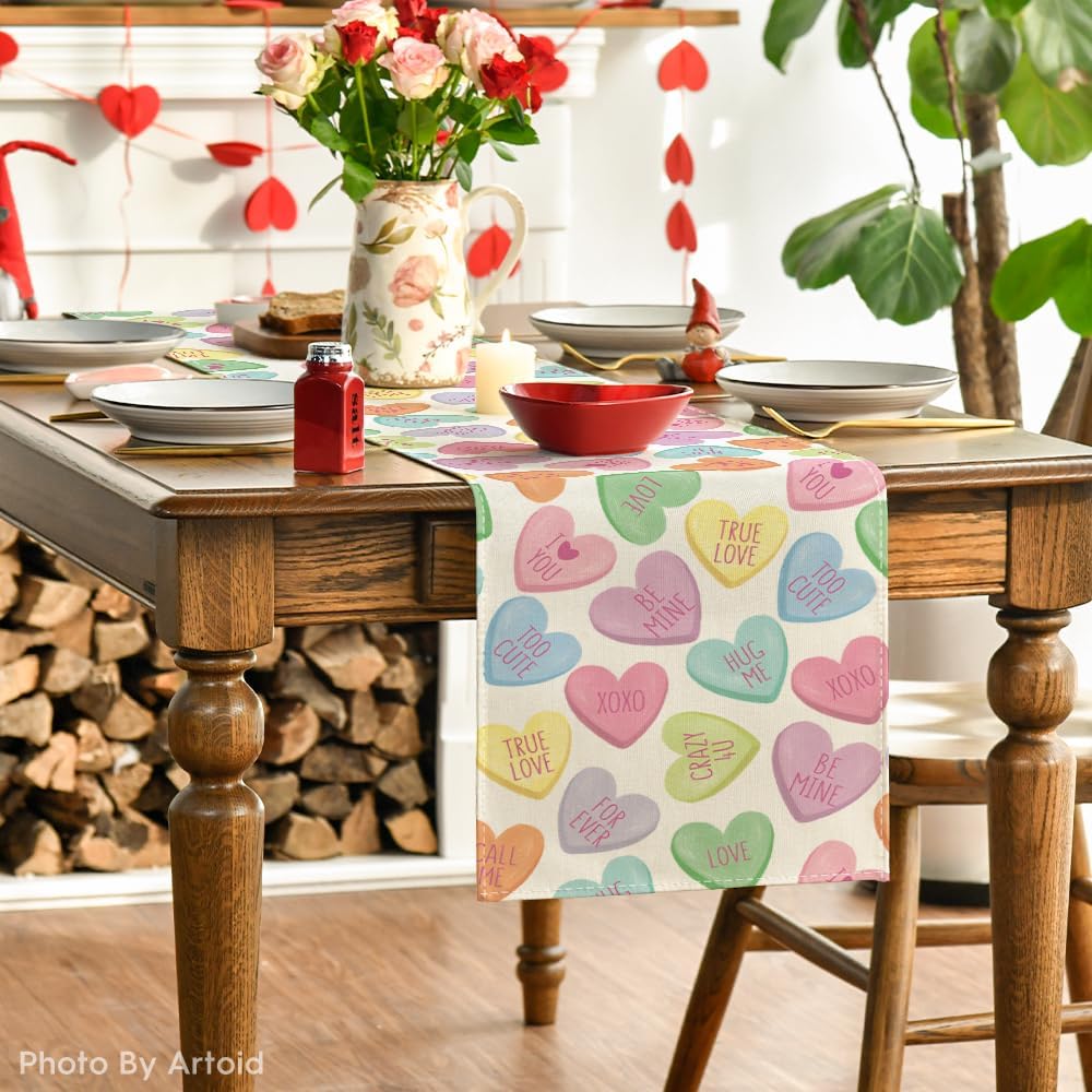 Artoid Mode Ture Love Heart Valentine's Day Table Runner, Seasonal Kitchen Dining Table Decoration for Home Party Decor 13x72 Inch