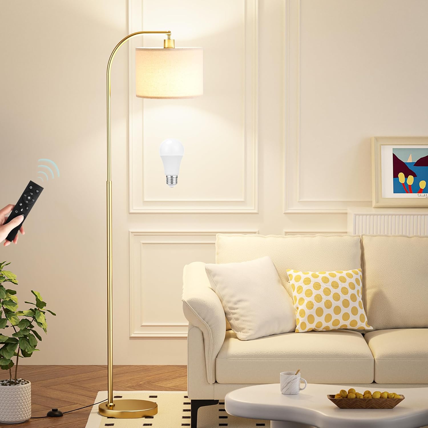 Ambimall Black Floor Lamp and Gold Floor Lamp with Dimmable Bulb, Rotating Head, Beige Lampshade