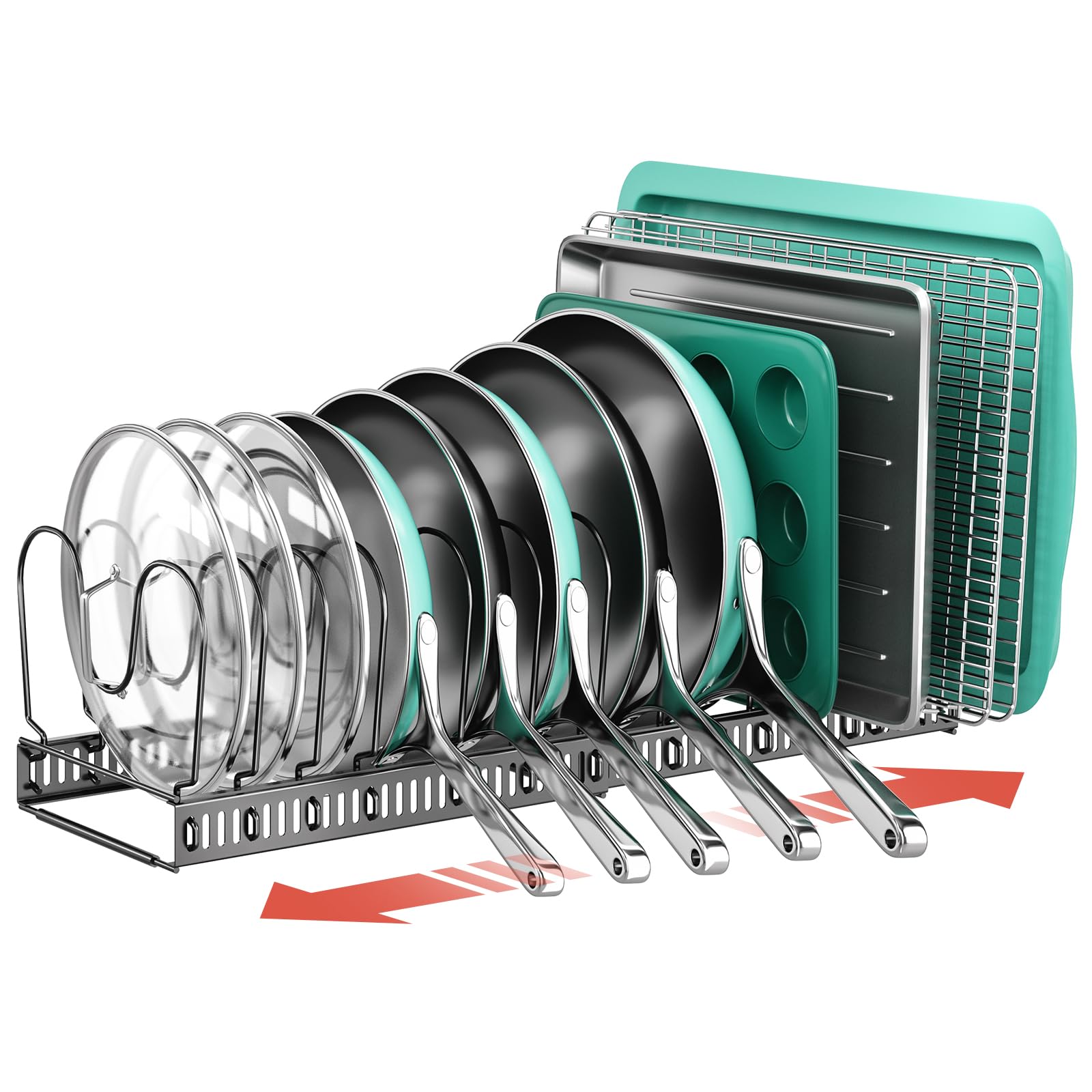 ORDORA Pots and Pans Organizer under Cabinet, Expandable 11.8"-22.8" Pot Lid Holder with 12 Adjustable Dividers, Pan Organizers inside Cabinet for Kitchen Cookware Bakeware, Black