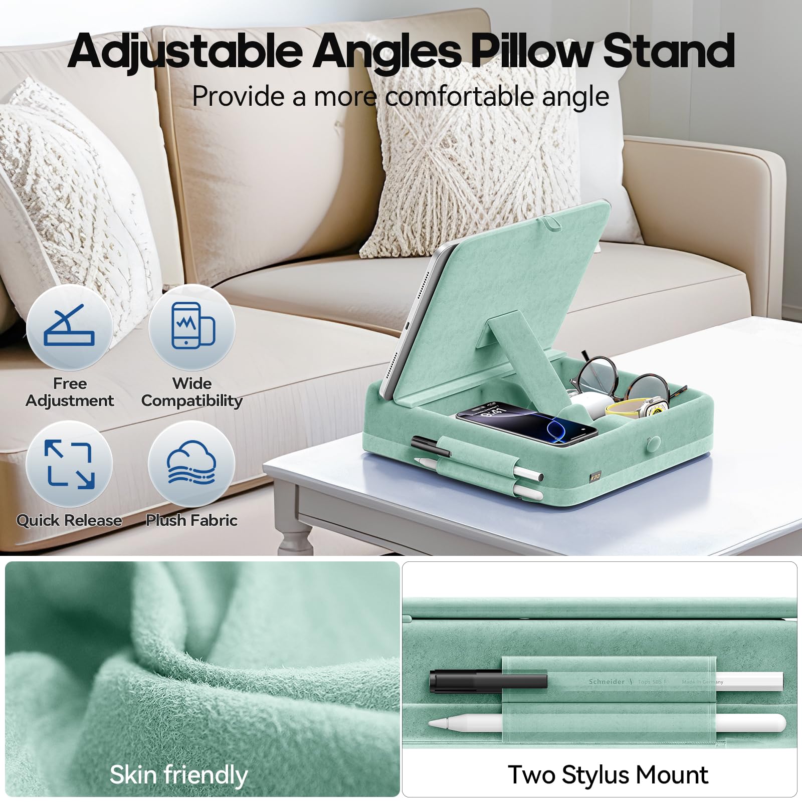 KDD Tablet Pillow Stand with Storage, Foldable iPad Holder for Bed, Lap and Desk, Angle Adjustable Soft Pad Dock with Stylus Mount Compatible with Ipad Pro 12.9, 10.5, 11, Air, Mini, Phones, Books
