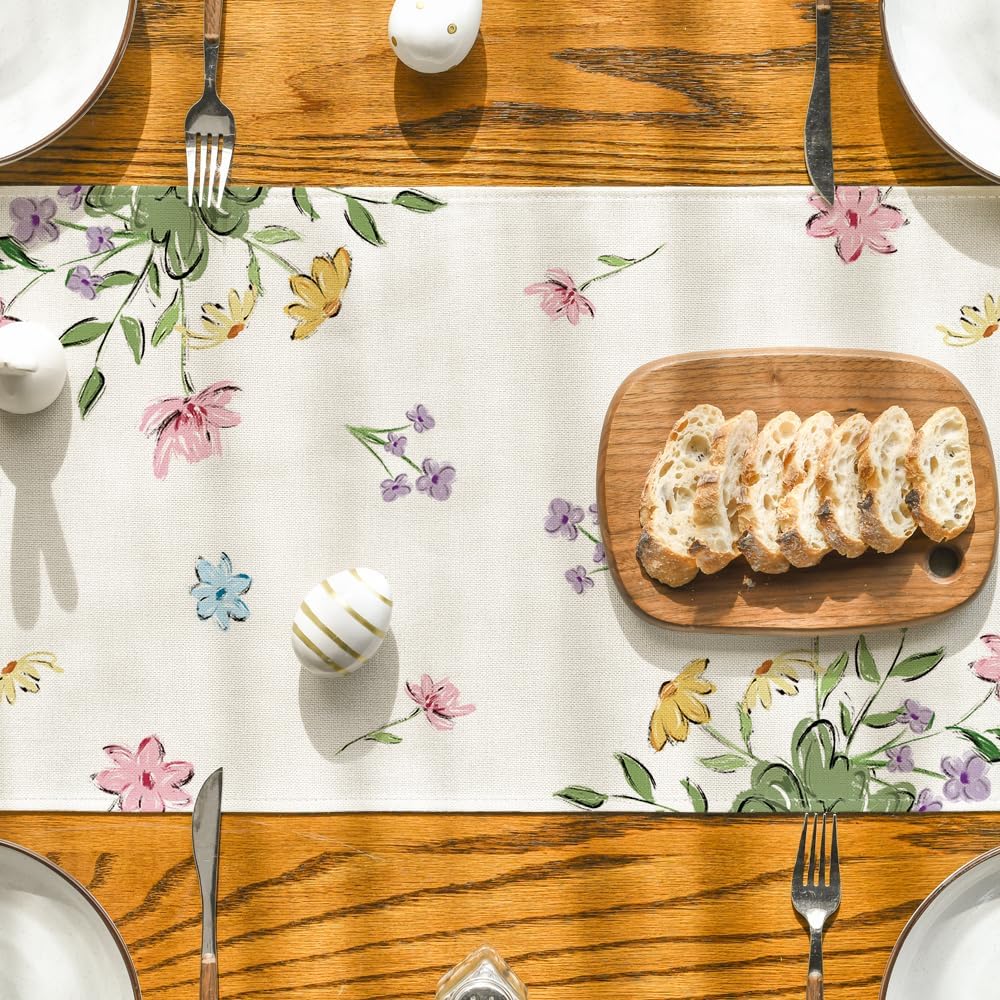 Artoid Mode Bunny Rabbits Eggs He is Risen Easter Table Runner, Seasonal Spring Kitchen Dining Table Decoration for Home Party Decor 13x72 Inch