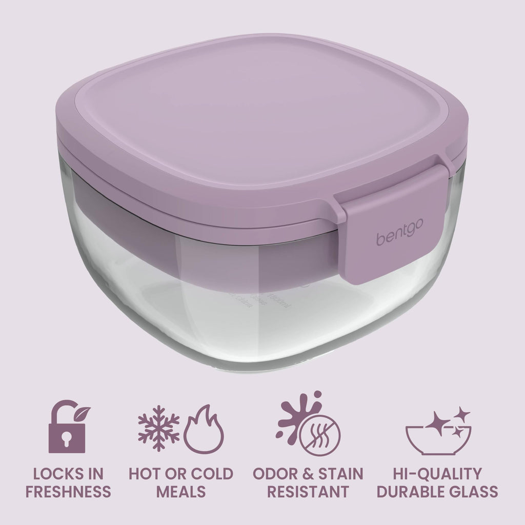 Bentgo Glass Salad Container - 7.6-Cup Salad Bowl with Airtight Lid, Leak-Proof Sauce Container, 4-Compartment Bento Tray & Reusable Fork - BPA-Free for Meal Prep, Office & More (Lavender)