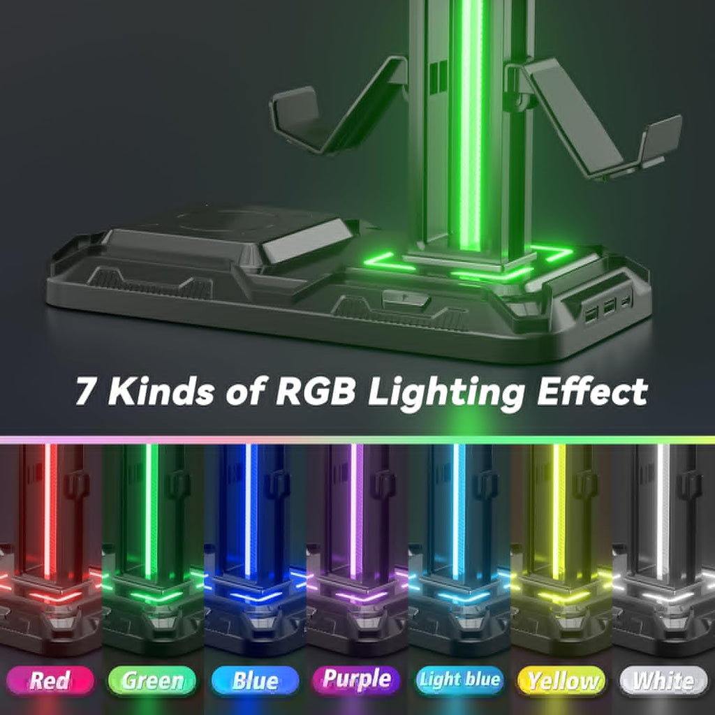 KDD RGB Headphone Controller Stand with Wireless Charging & Desk Aluminum Headphone Stand for Universal Storage