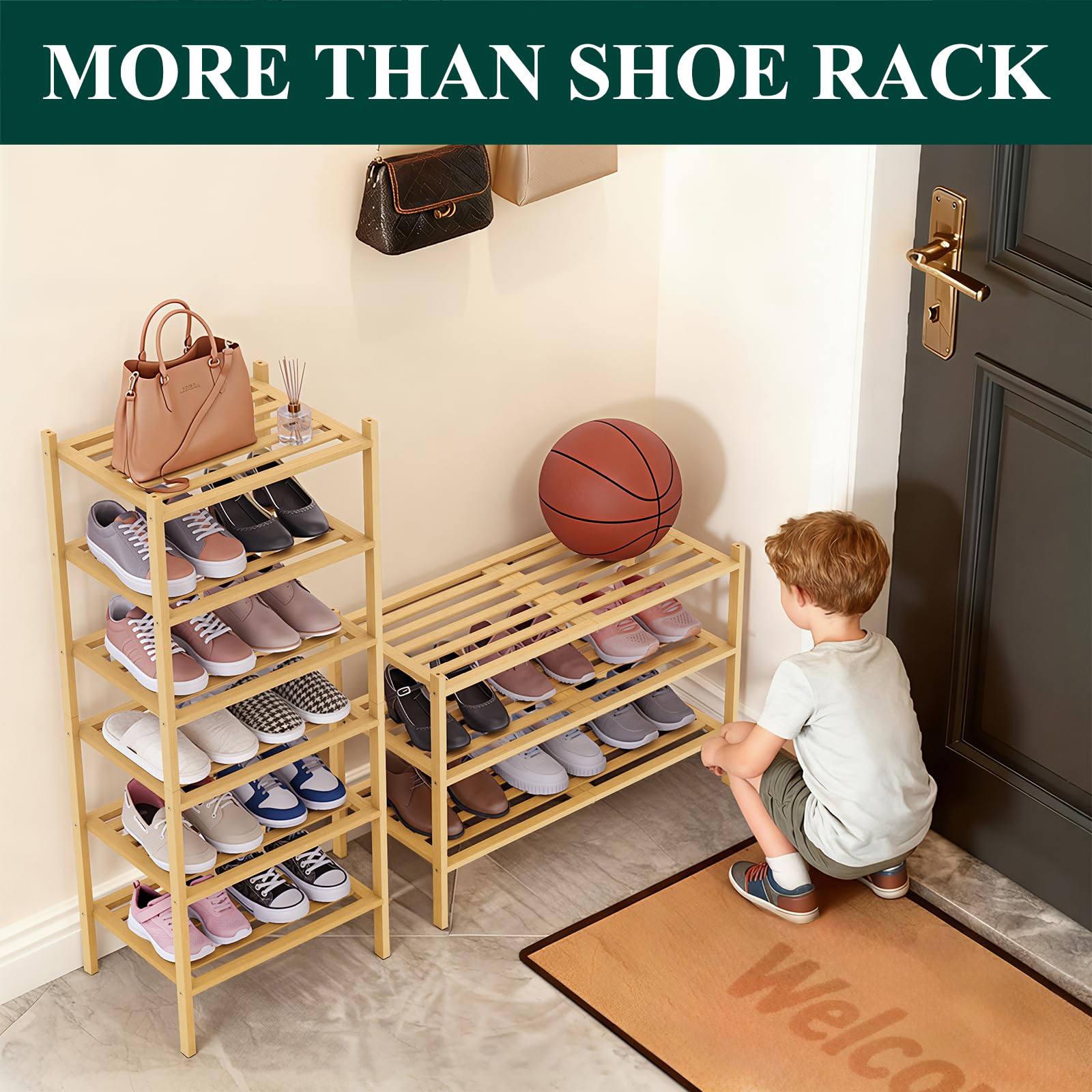 Smiry Bamboo Shoe Rack 3-Tier, Stackable Wooden Shoe Organizer for Entryway & Closet, Free Standing Wood Shoe Storage Shelf for Front Door & Small Spaces, Natural