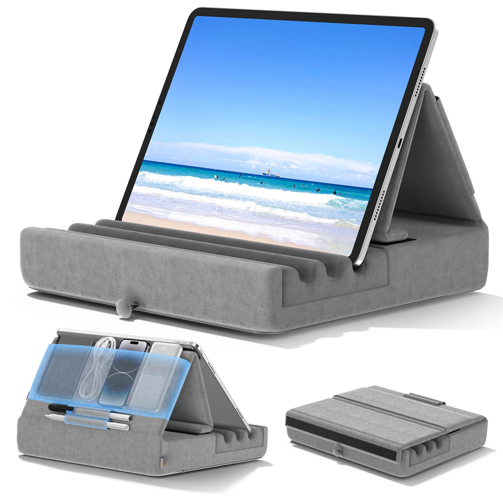 KDD Tablet Pillow Holder, Foldable iPad Stand for Lap, Bed and Desk -Tablet Soft Pad Dock with Pocket & Stylus Mount Compatible with iPad Pro 12.9, 10.5, 9.7 Air Mini 6 5 4 3, Galaxy Tab,E-Reader