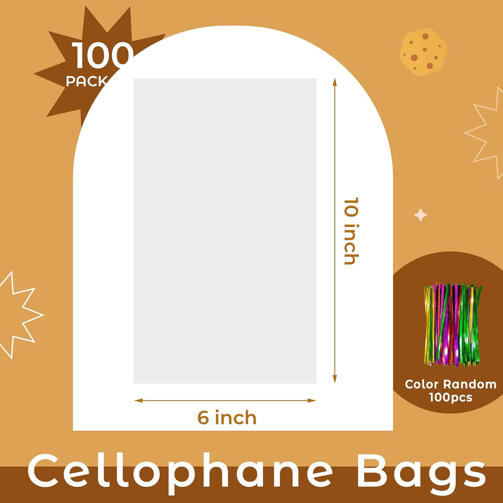 NPLUX 100 Pack Cellophane Bags Small Plastic Cookie Bag Clear Treat Bags with Twist Ties for Small Gift Party Favors, Bakery, Candy, Popcorn (6×10In)