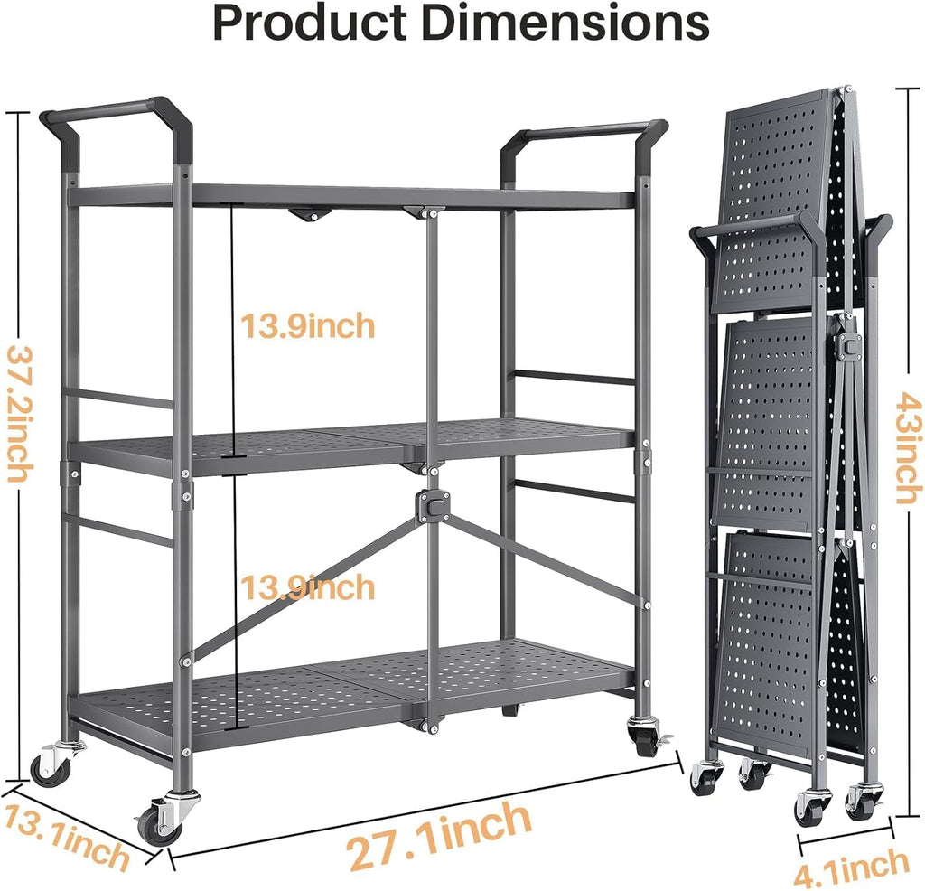 SNTD 3 Tier Rolling Cart Metal - Folding Utility Carts with Wheels for Office Storage Garage Kitchen, Grey