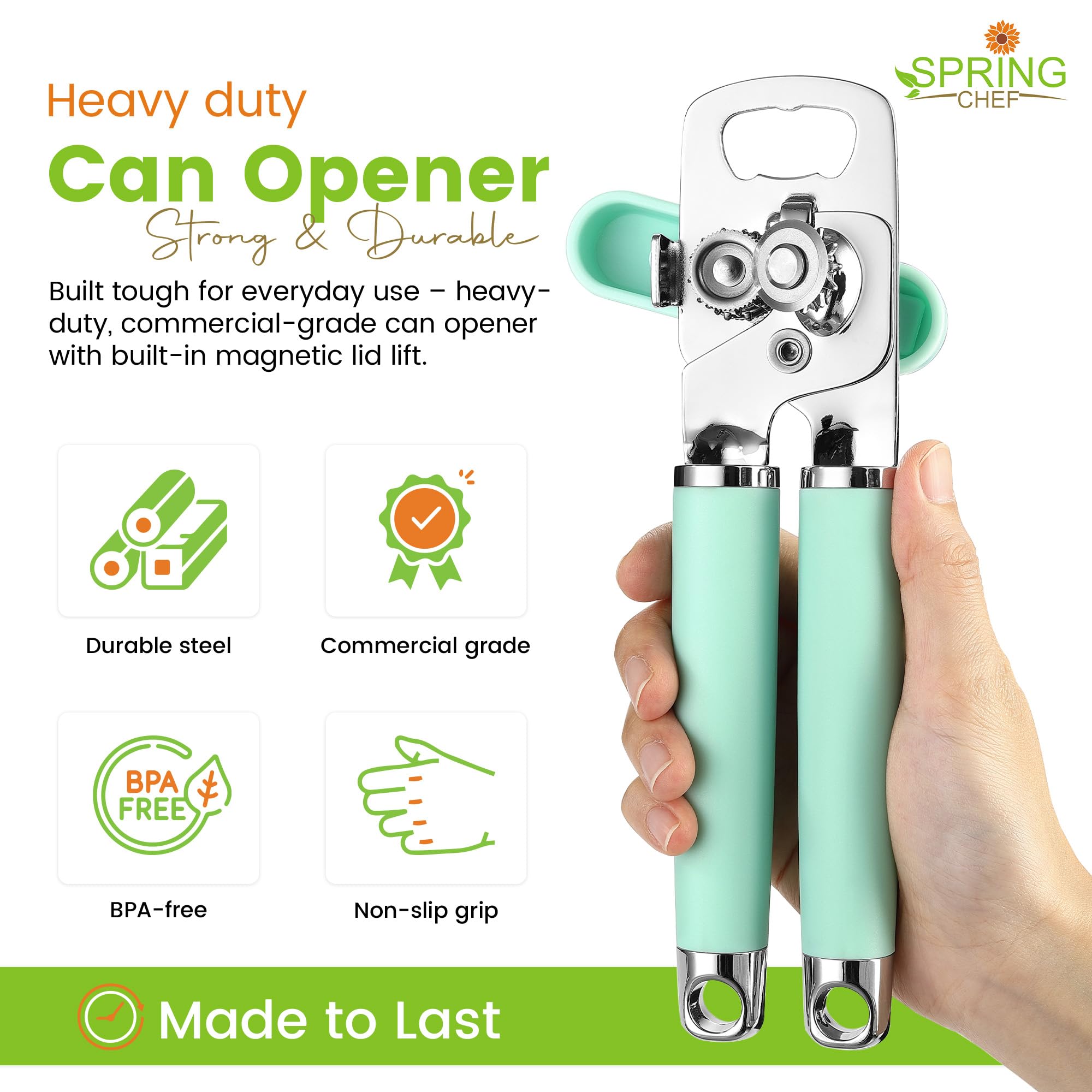 Spring Chef Stainless Steel Can Opener - Manual with Soft Grip Handles, Easy Turn, Heavy Duty Hand Can Openers for Seniors with Smooth Edge - Magnetic Lid Remover - Black