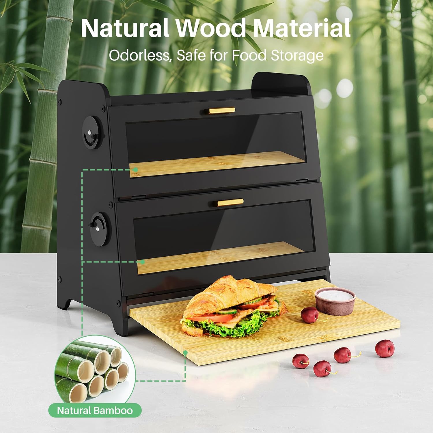 SNTD Bread Box - Kitchen Countertop Bread Storage Container with Bamboo Cutting Board, Adjustable Vent Hole Dials, Black
