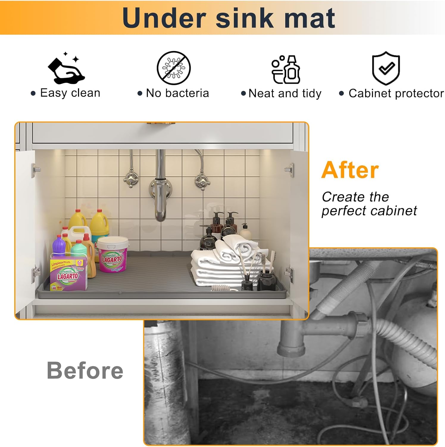 Under Sink Mat for Kitchen Waterproof, 34"×22“ Silicone Bathroom Sink Mat, Under Sink Liner Drip Tray and Protectors for Bottom of kitchen Sink, Fits 36" Stand Cabinets (Grey)