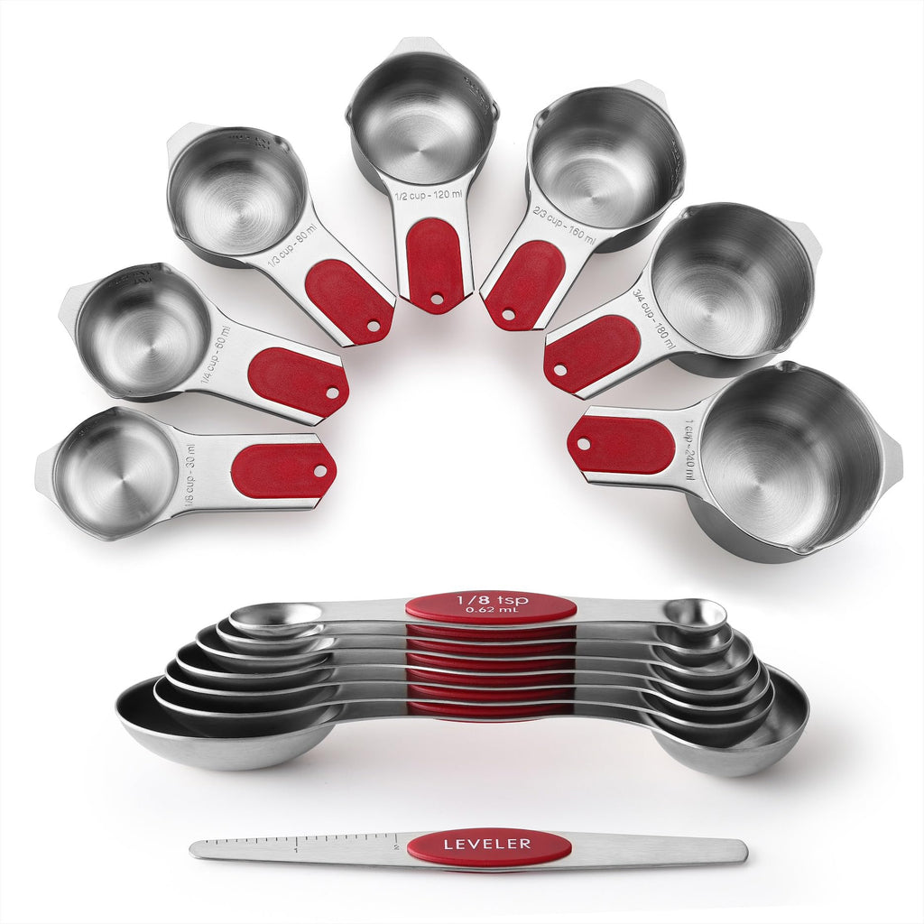 Spring Chef Magnetic Measuring Cups & Spoons Set, Patented, Strong N45 Magnets, Heavy Duty Stainless Steel Fits in Spice Jars for Baking & Cooking, BPA Free, Round Set of 15 with Leveler, Black