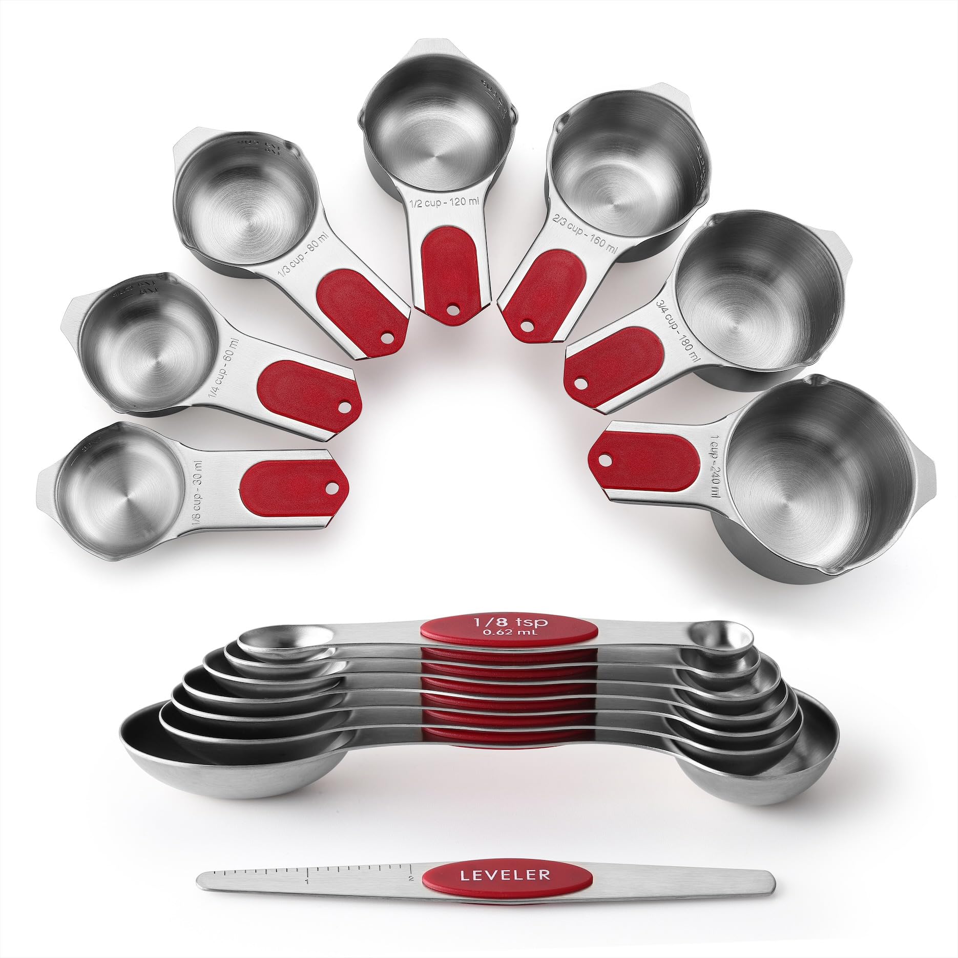 Spring Chef Magnetic Measuring Cups & Spoons Set, Patented, Strong N45 Magnets, Heavy Duty Stainless Steel Fits in Spice Jars for Baking & Cooking, BPA Free, Round Set of 15 with Leveler, Black