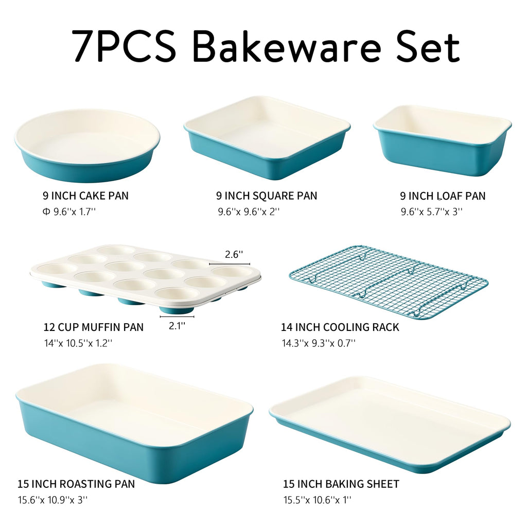CAROTE 6-Piece Nonstick Ceramic Baking Pans Set - Bakeware Sets Including Cookie Sheets for Baking, Muffin Pan, Bread Pan, Cake pan, Loaf Pan, Cooling Rack, Light Blue & Cream White