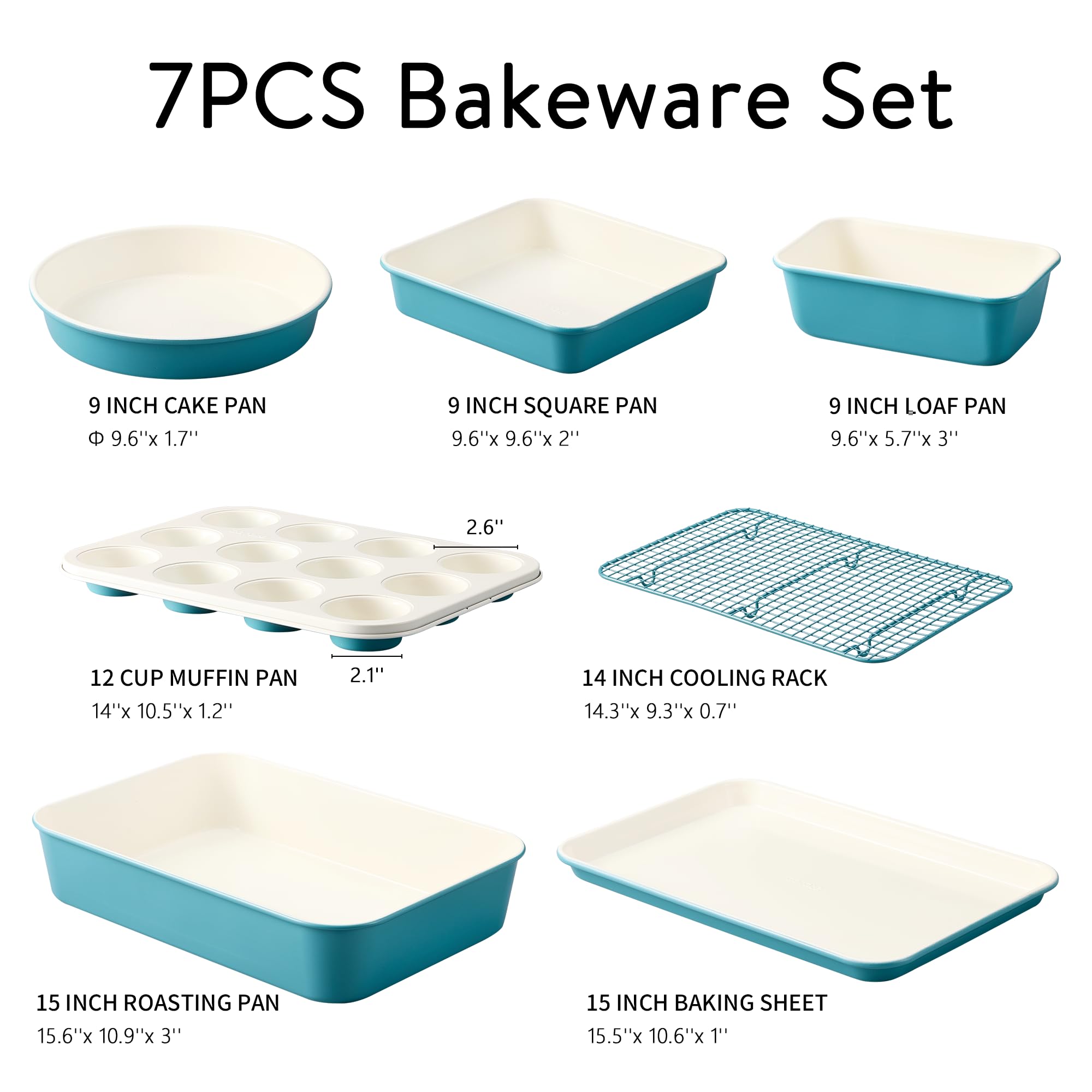CAROTE 6-Piece Nonstick Ceramic Baking Pans Set - Bakeware Sets Including Cookie Sheets for Baking, Muffin Pan, Bread Pan, Cake pan, Loaf Pan, Cooling Rack, Light Blue & Cream White