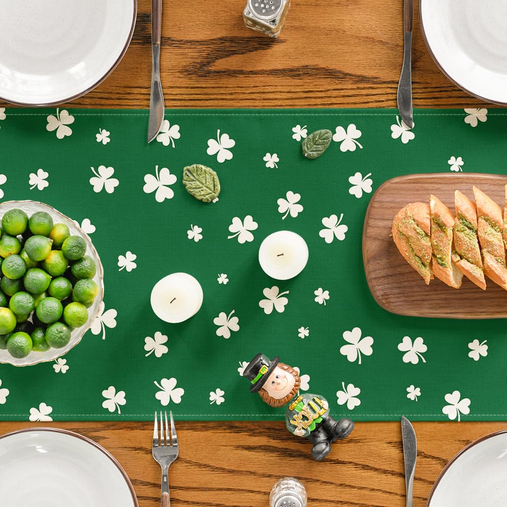 Artoid Mode Beige Lucky Shamrock St. Patrick's Day Table Runner, Seasonal Spring Holiday Kitchen Dining Table Decoration for Indoor Outdoor Home Party Decor 13 x 72 Inch