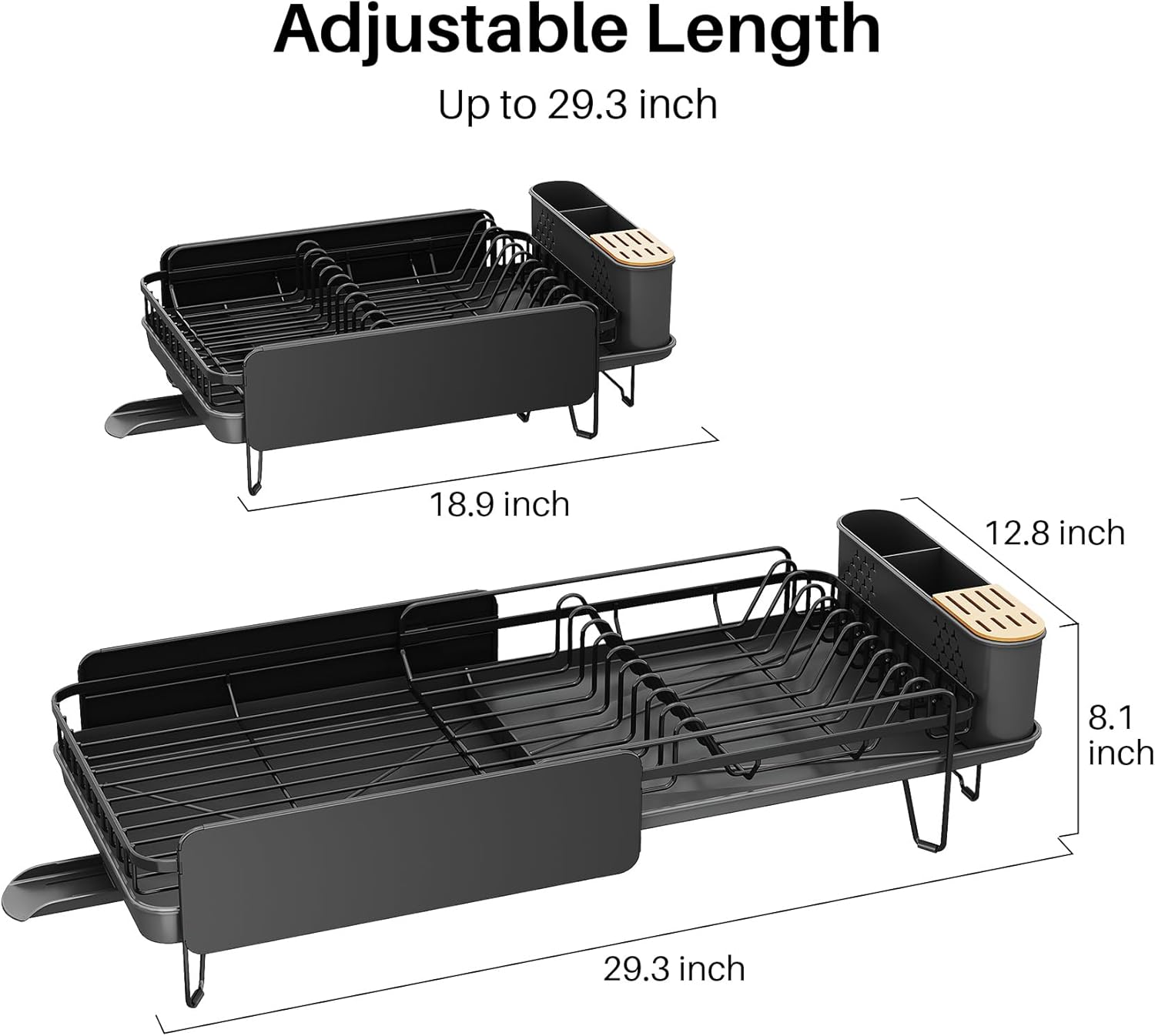 SNTD Dish Drying Rack - Large Dish Racks for Kitchen Counter, Expandable Dish Drainers with Cutlery Holder Stainless Steel Rustproof, Black