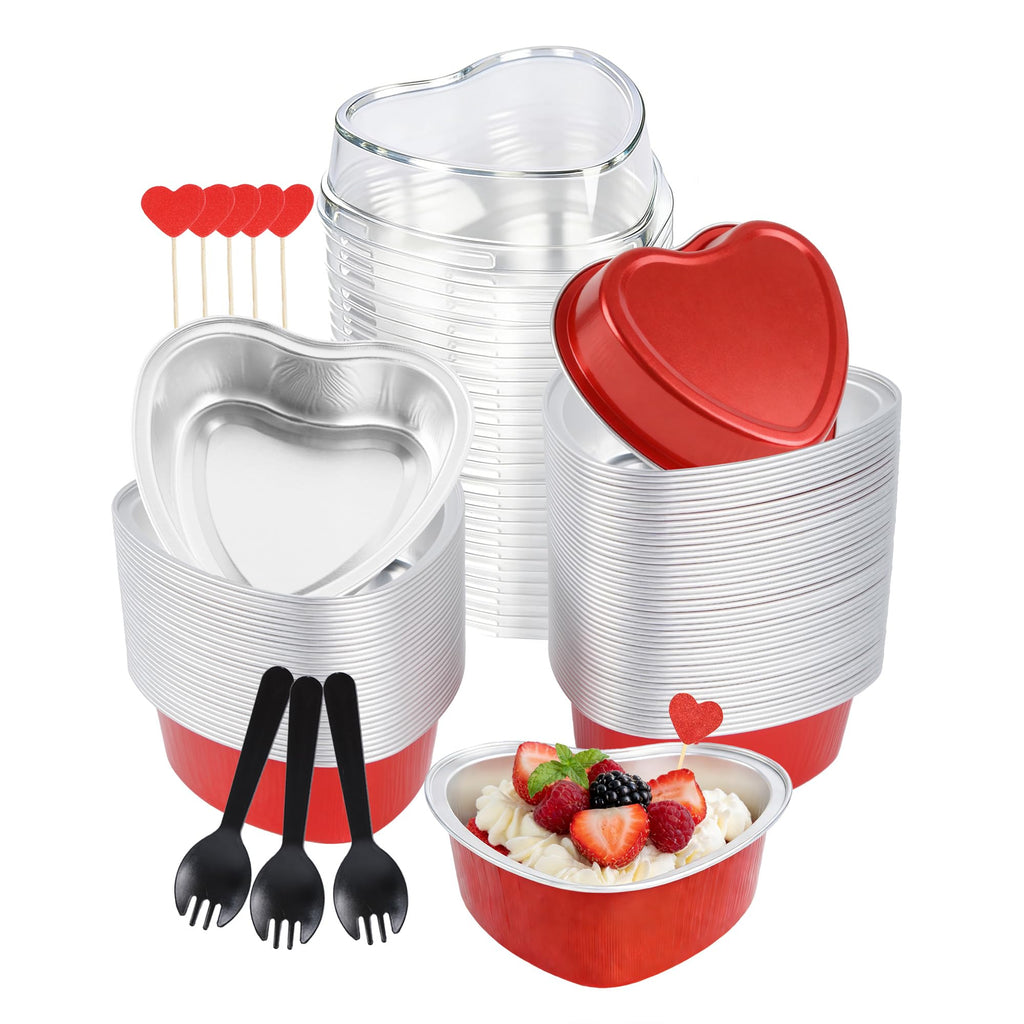 3.5 oz Valentines Gifts Heart Shaped Cake Pans with Lids, Disposable Aluminum Mini Cake Pans for Baking and Takeout, Oven Safe 425°F, Perfect for Valentine's,Party,Wedding Dessert（50 Pack）