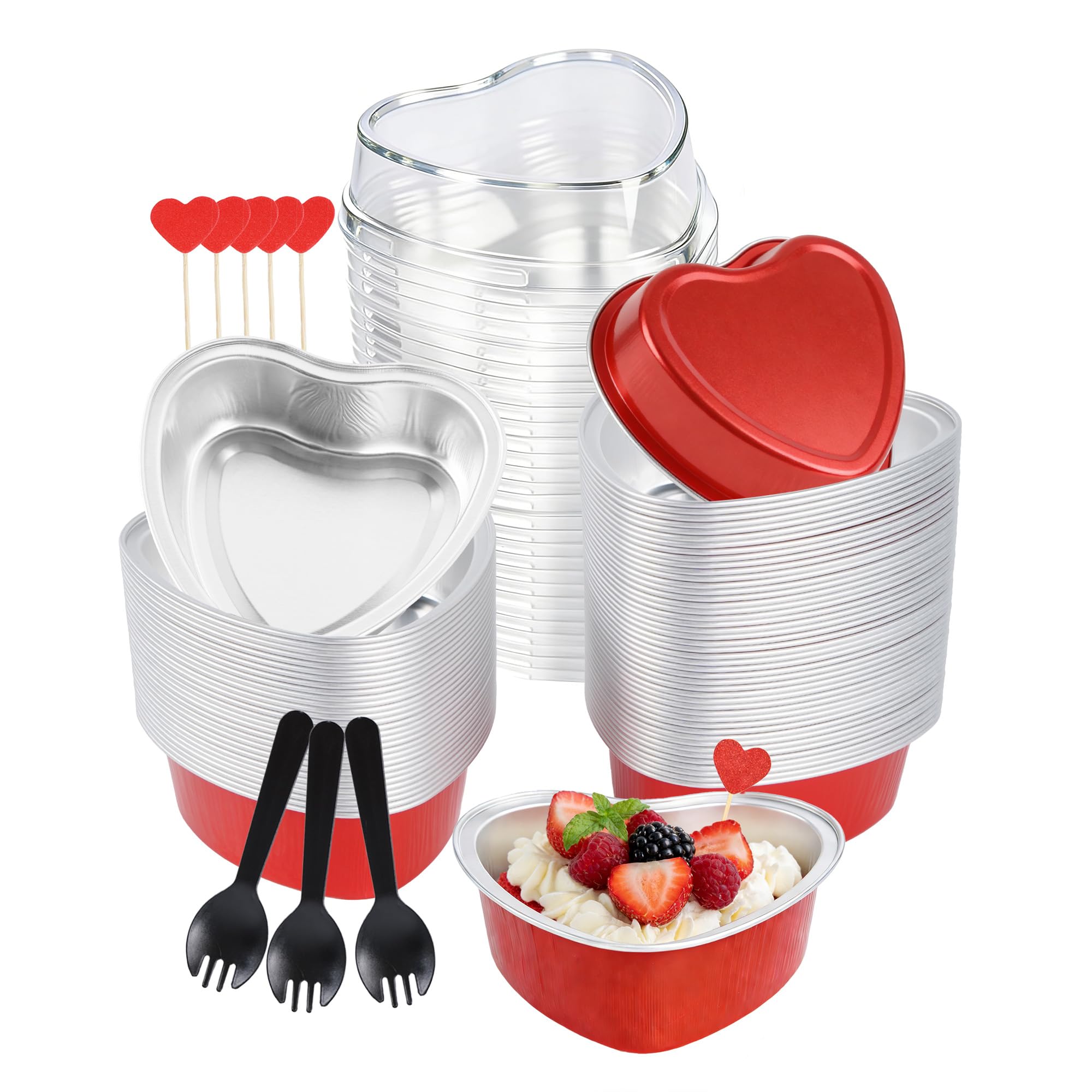 3.5 oz Valentines Gifts Heart Shaped Cake Pans with Lids, Disposable Aluminum Mini Cake Pans for Baking and Takeout, Oven Safe 425°F, Perfect for Valentine's,Party,Wedding Dessert（50 Pack）