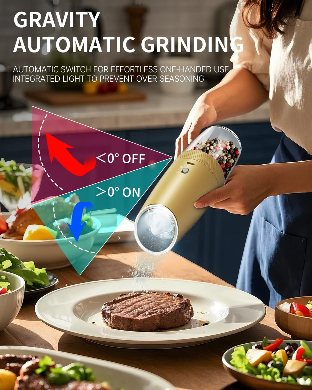 CIRCLE JOY Rechargeable Salt and Pepper Grinder Set Gravity Electric Salt and Pepper Grinder Set, LED Light, Adjustable Coarseness, for Home Kitchen BBQ, Black & White