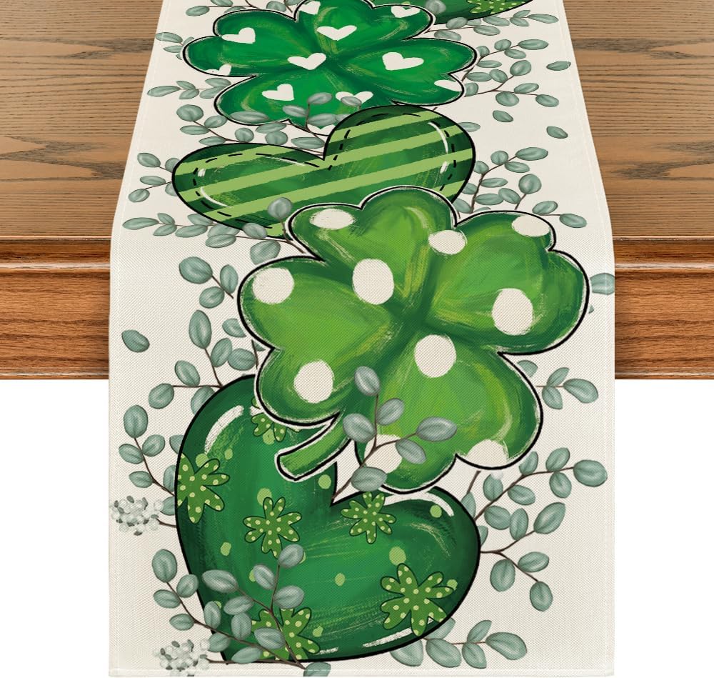 Artoid Mode Shamrock Eucalyptus Heart St. Patrick's Day Table Runner,Seasonal Spring Kitchen Dining Table Decoration for Home Party Decor 13 x 72 Inch