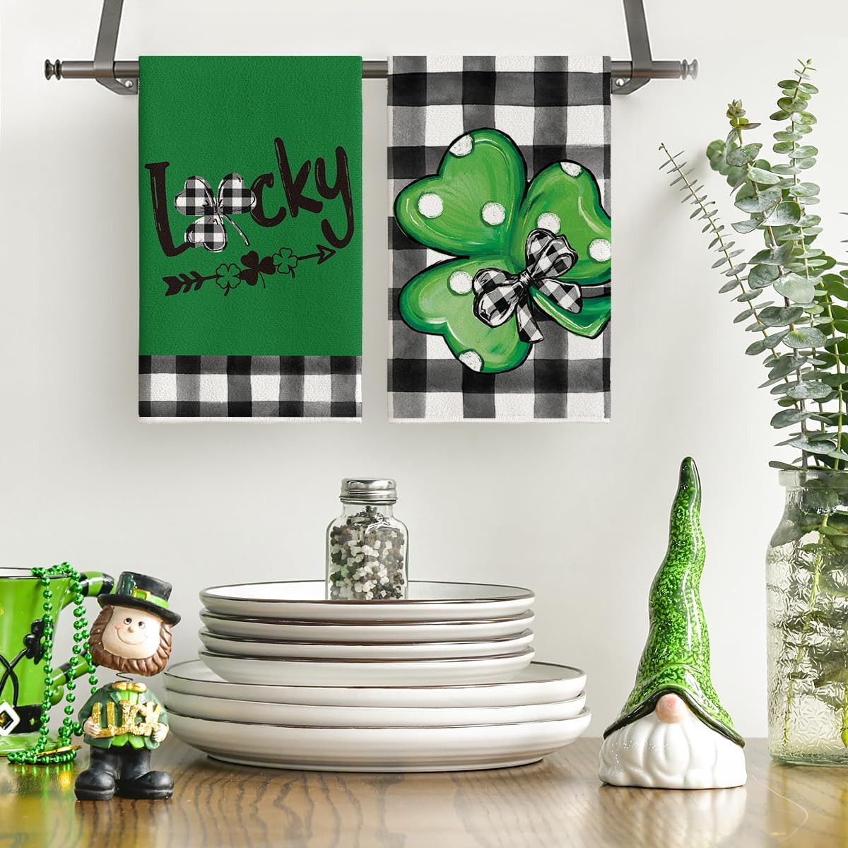 Artoid Mode Buffalo Plaid Shamrocks Lucky Truck St. Patrick's Day Kitchen Towels Dish Towels, 18x26 Inch Seasonal Spring Decoration Hand Towels Set of 4