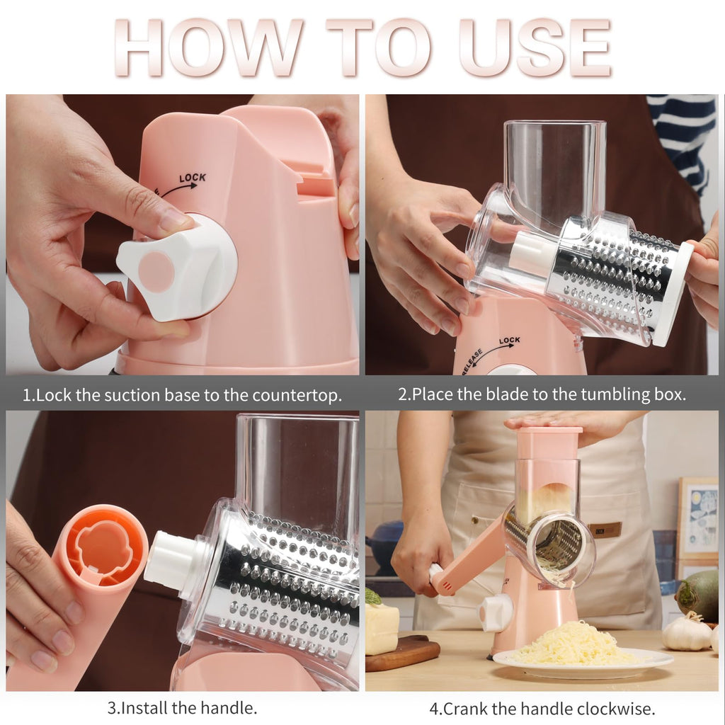 Cambom 5 in 1 Rotary Cheese Grater Hand Crank Cheese Shredder for Fresh Cheese, Vegetable, Nuts,Non-slip Suction Base, Black