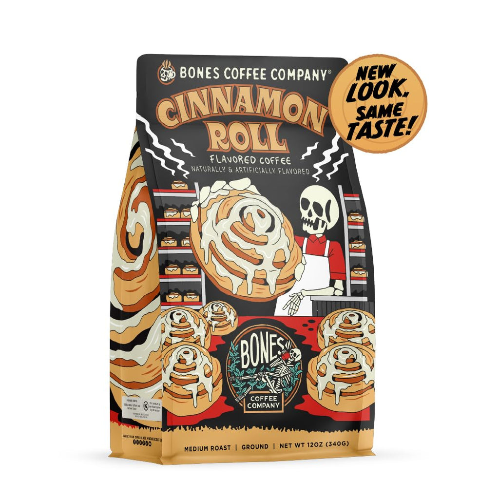 Bones Coffee Company Cinnamon Roll Flavored Coffee, Medium Roast Low Acid Arabica Beans Compatible with Auto drip and French Press Coffee Maker, 12 Oz Ground