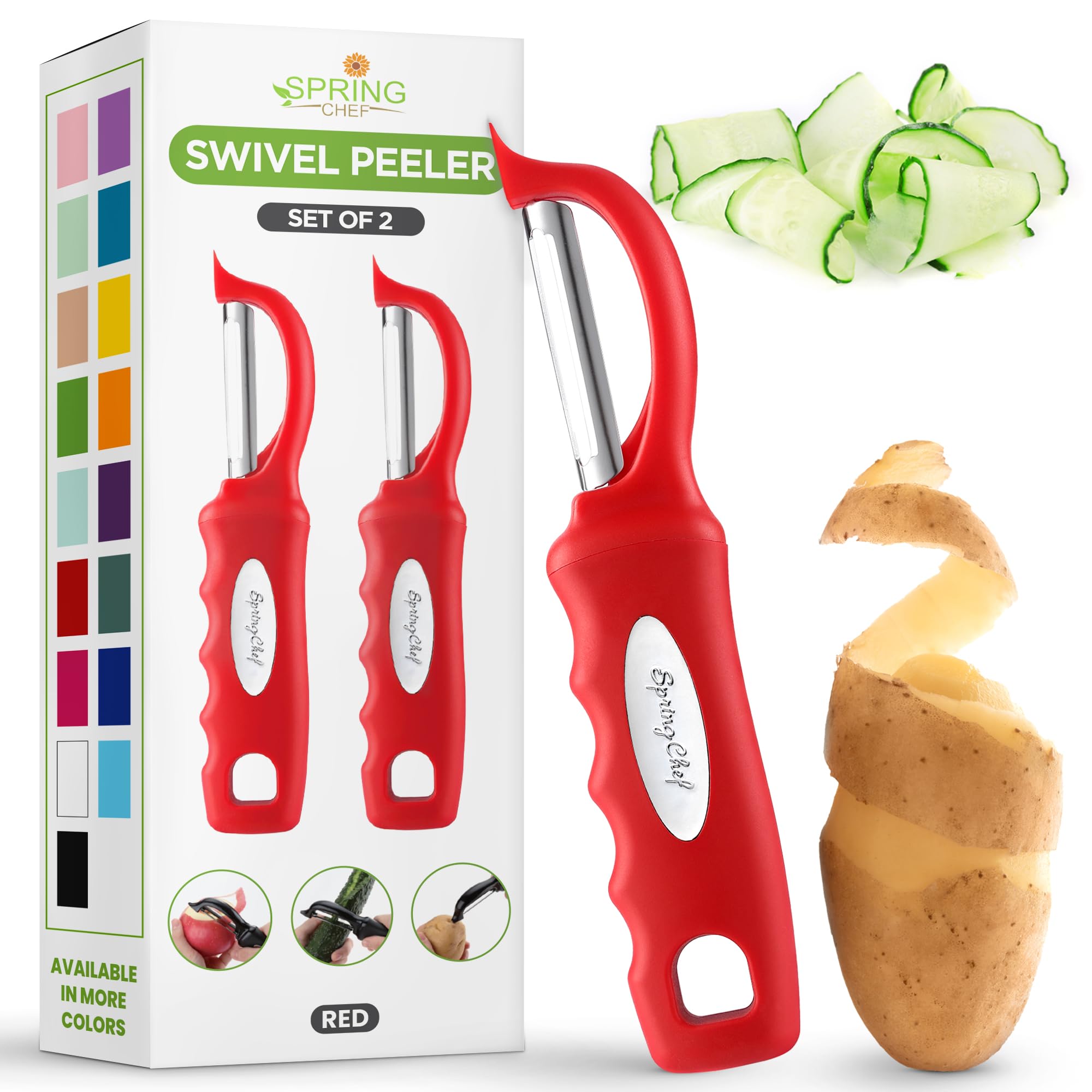 Spring Chef Premium Swivel Vegetable Peeler, Soft Grip Handle and Ultra Sharp Stainless Steel Blades - Perfect Kitchen Peeler For Veggie, Fruit, Potato, Carrot, Apple - Black