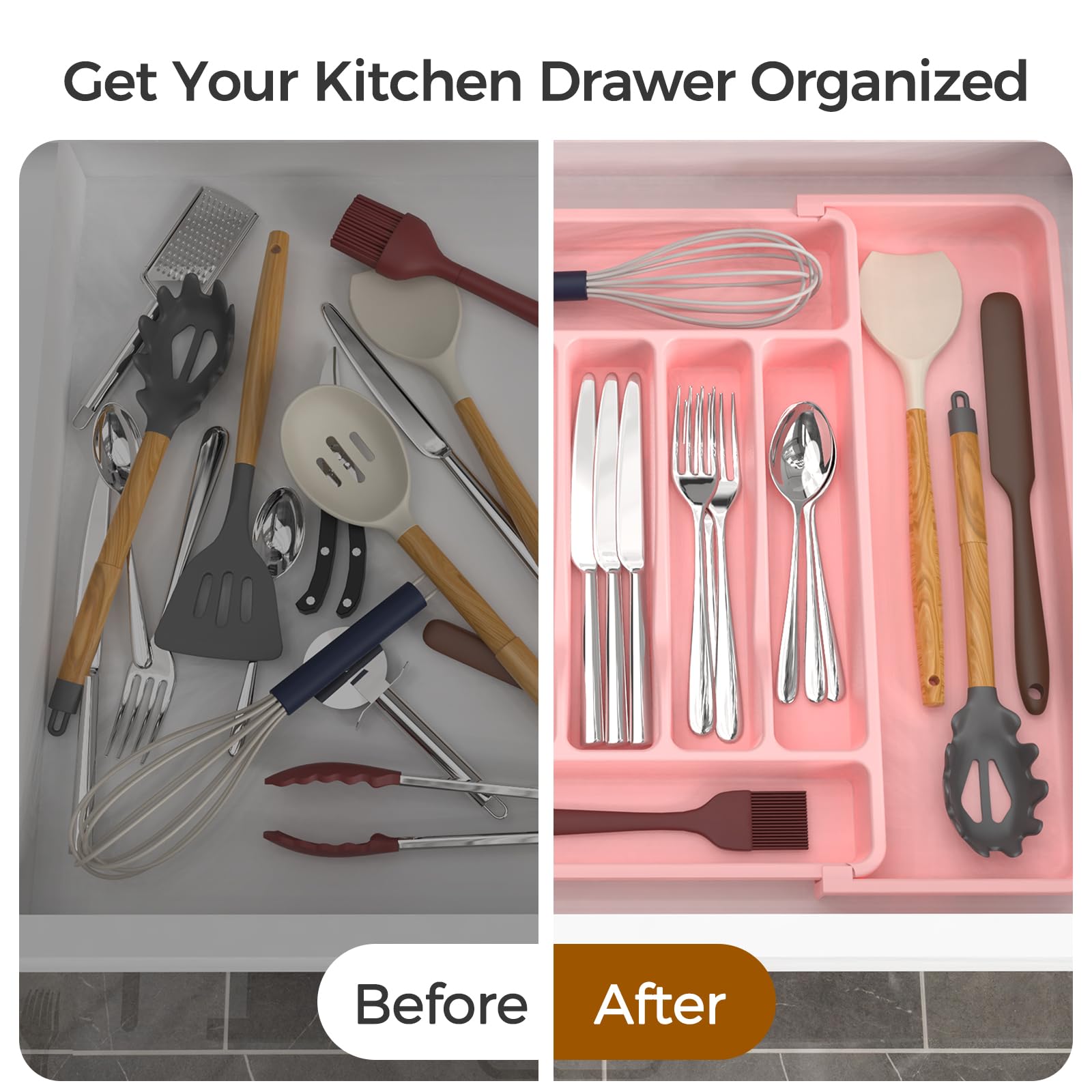 Extra Large Expandable Silverware Organizer, BPA-Free Food-Safe Cutlery Flatware Organizer, Kitchen Utensil Drawer Organizer, Adjustable Silverware Holder for Spoons Forks Knives, Black