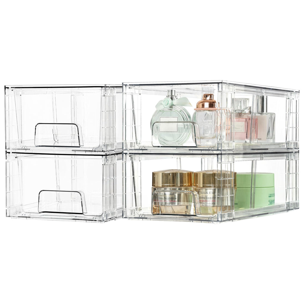 Vtopmart 4 Pack Stackable Storage Drawers,Clear Acrylic Drawer Organizers with Handles, Easily Assemble for Fridge, Bathroom,Kitchen Undersink,Cabinet,Pantry Organization and Storage