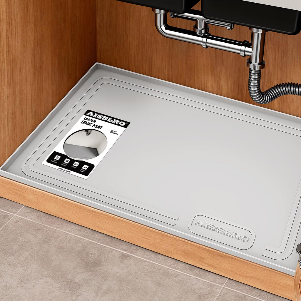 Aisslro Under Sink Mat 22" X 19", Waterproof Silicone Cabinet Protector with Raised Edge, Kitchen & Bathroom Leak Tray, Shelf Liner & Pet Feeding Mat for Dog Cat Food Mats, Light Gray
