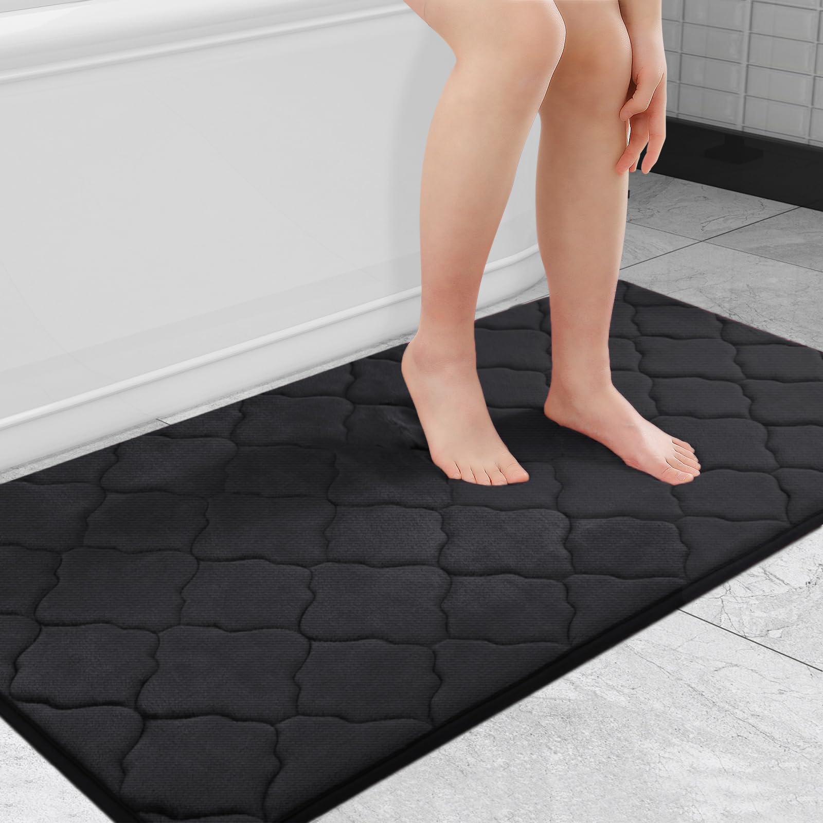 OLANLY Memory Foam Bath Mat Rug 24x16, Ultra Soft and Absorbent Bathroom Rugs, Non-Slip, Comfortable, Machine Washable Bath Carpet for Bathroom Floor, Tub, Shower and Home Decor Accessories, Black