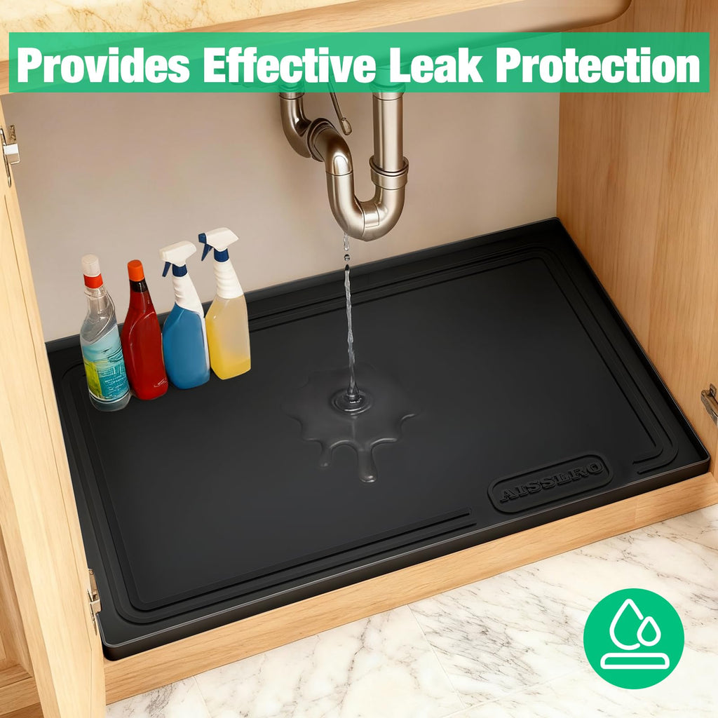 Aisslro Under Sink Mat 22" X 19", Waterproof Silicone Cabinet Protector with Raised Edge, Kitchen & Bathroom Leak Tray, Shelf Liner & Pet Feeding Mat for Dog Cat Food Mats, Light Gray