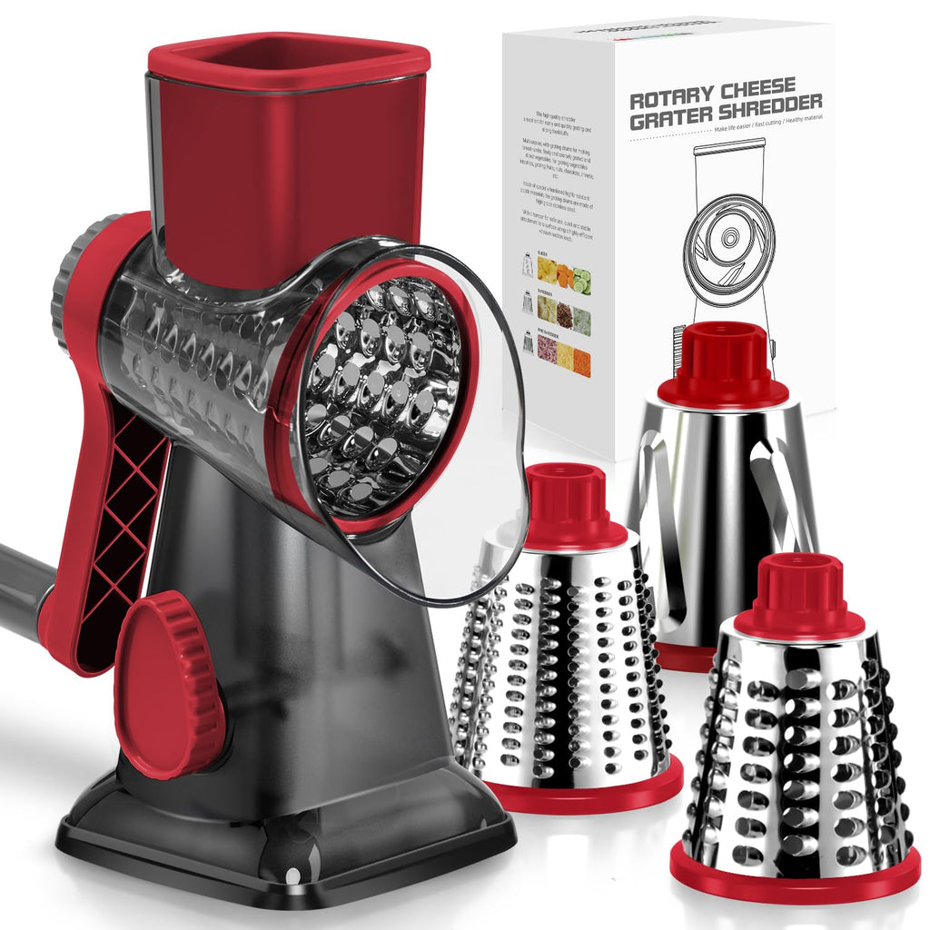 KEOUKE Rotary Cheese Grater Hand Crank Transparent - Shredder Slicer Grinder 3 Stainless Steel Blades, Stable Suction, Labor-Saving Handle, Safe Kitchen Tool for Cheese, Vegetable, Nuts, Chocolate