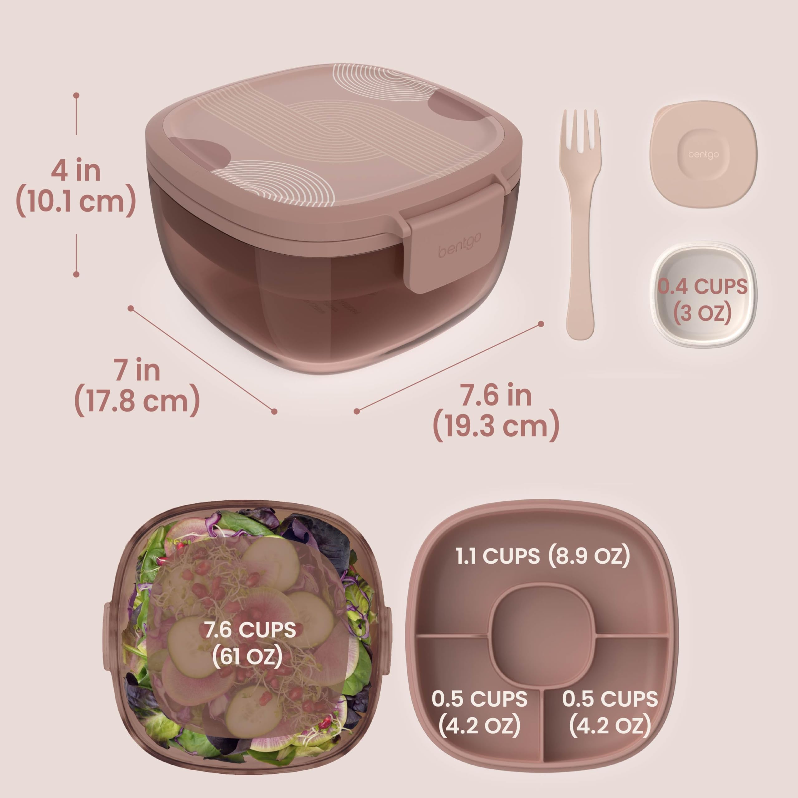 Bentgo Glass Salad Container - 7.6-Cup Salad Bowl with Airtight Lid, Leak-Proof Sauce Container, 4-Compartment Bento Tray & Reusable Fork - BPA-Free for Meal Prep, Office & More (Lavender)