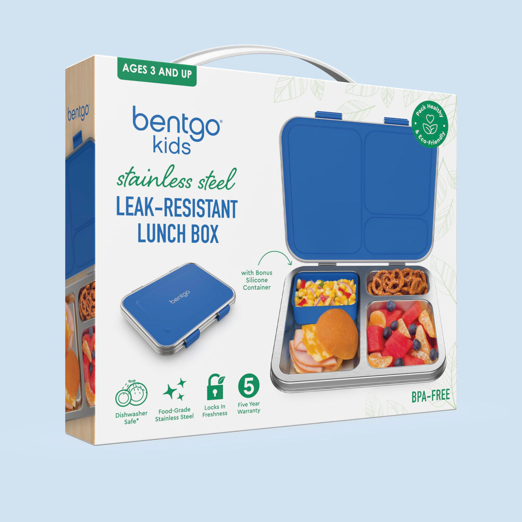 Bentgo Kids Stainless Steel Leak-Resistant Lunch Box - 3-Compartments with Bonus Silicone Container, Durable, Eco-Friendly, Dishwasher Safe, BPA-Free, Ideal for School, Ages 3+ (Blue)