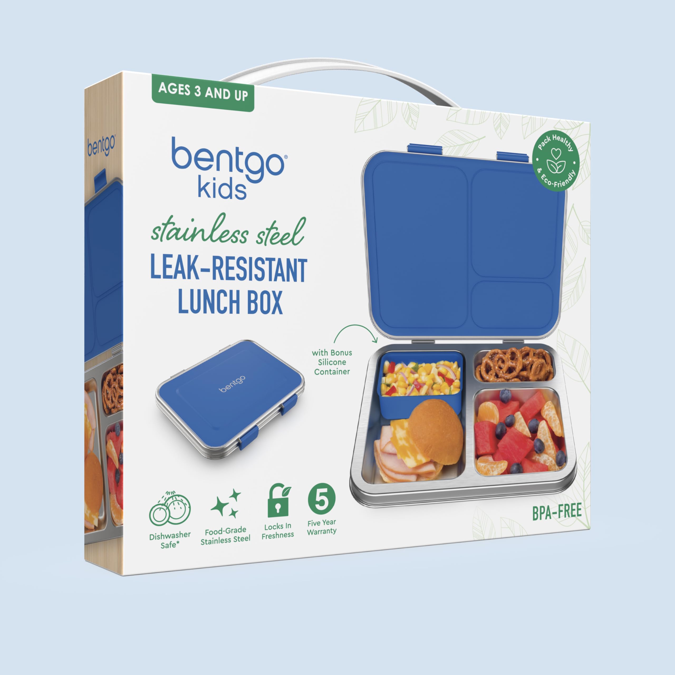 Bentgo Kids Stainless Steel Leak-Resistant Lunch Box - 3-Compartments with Bonus Silicone Container, Durable, Eco-Friendly, Dishwasher Safe, BPA-Free, Ideal for School, Ages 3+ (Blue)