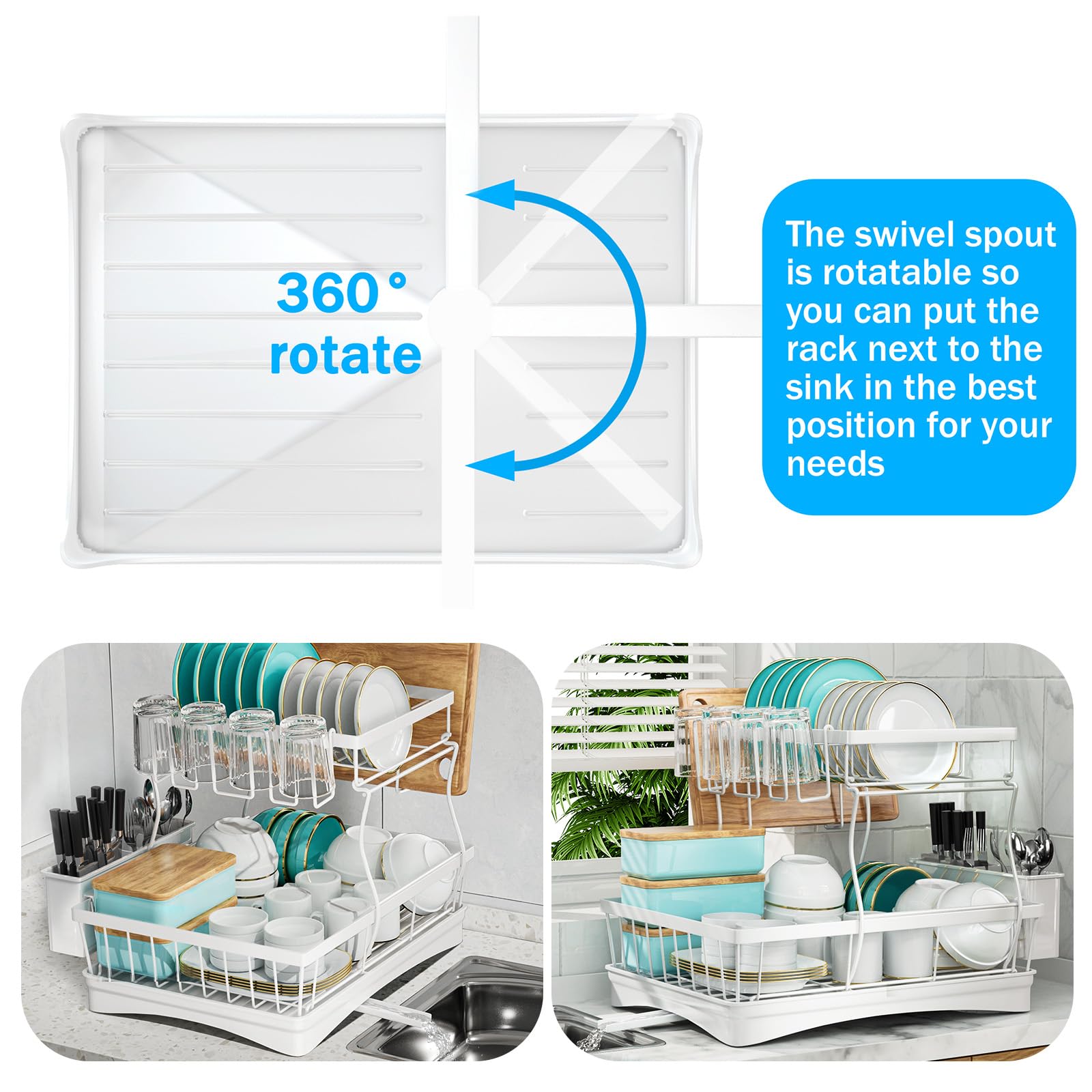 7 code Large Dish Drying Rack for Kitchen Counter, Detachable Large Capacity Dish Drainer Organizer, 2-Tier Dish Racks with Utensil Holder, Black