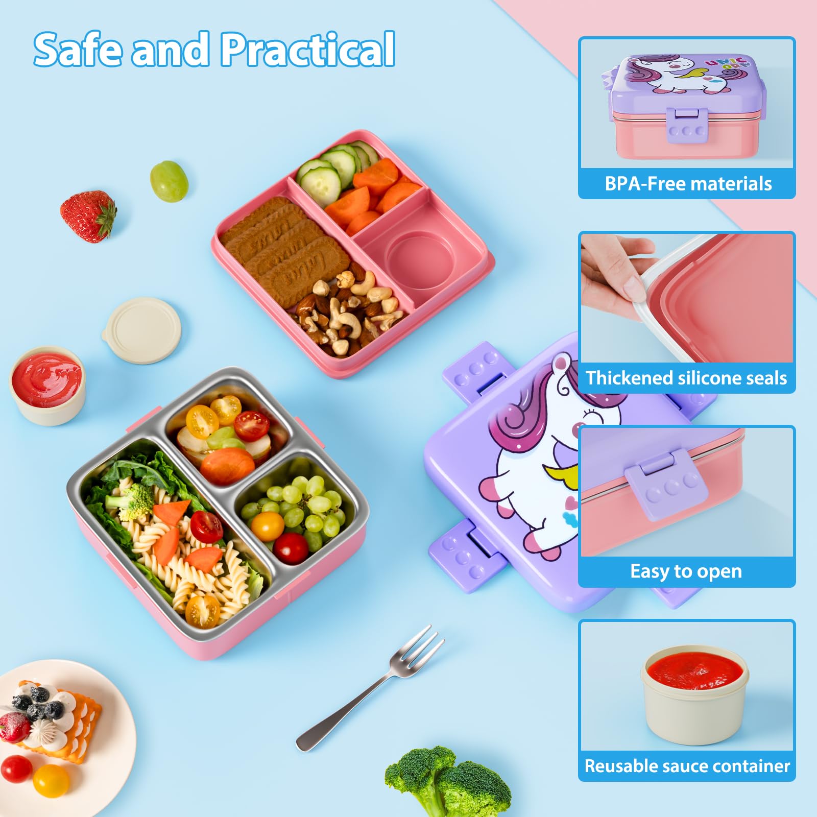 Freshmage Stainless Steel Double-Layer Bento Box Container with 3 Compartments, Large Capacity Leakproof and BPA Free Bento Lunch Box, Durable,Drop-Proof, Dishwasher Safe, Pink