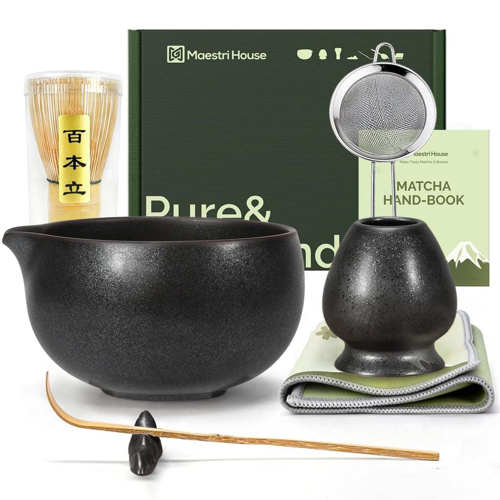 Maestri House Pink Matcha Whisk Set, 7-Pc Complete Matcha Kit with Spouted Ceramic Bowl, Bamboo Whisk and Holder, Scoop, Spoon Rest & Sifter, Tea Cloth – Ideal Gift for Matcha Lovers (Pink)