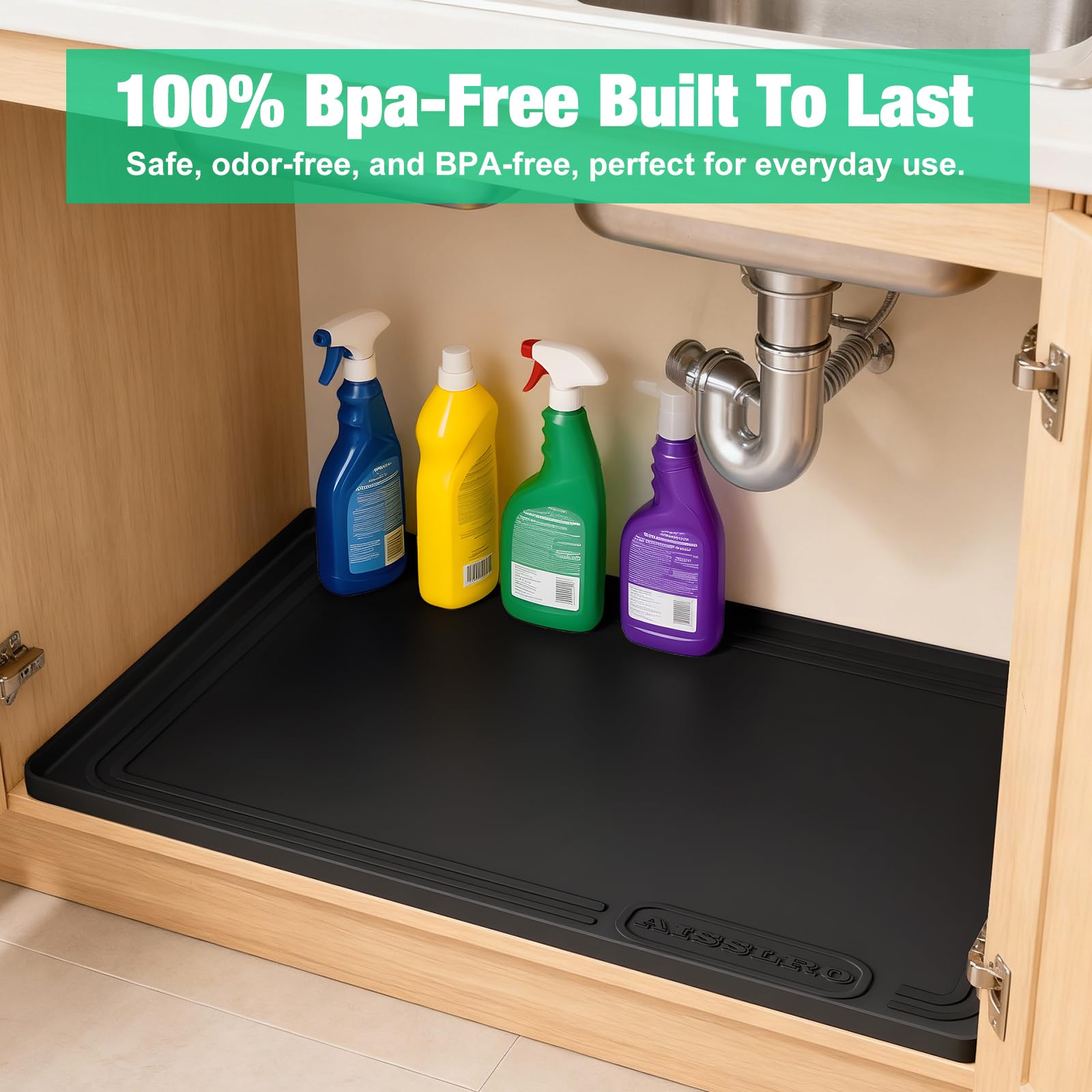 Aisslro Under Sink Mat 22" X 19", Waterproof Silicone Cabinet Protector with Raised Edge, Kitchen & Bathroom Leak Tray, Shelf Liner & Pet Feeding Mat for Dog Cat Food Mats, Light Gray