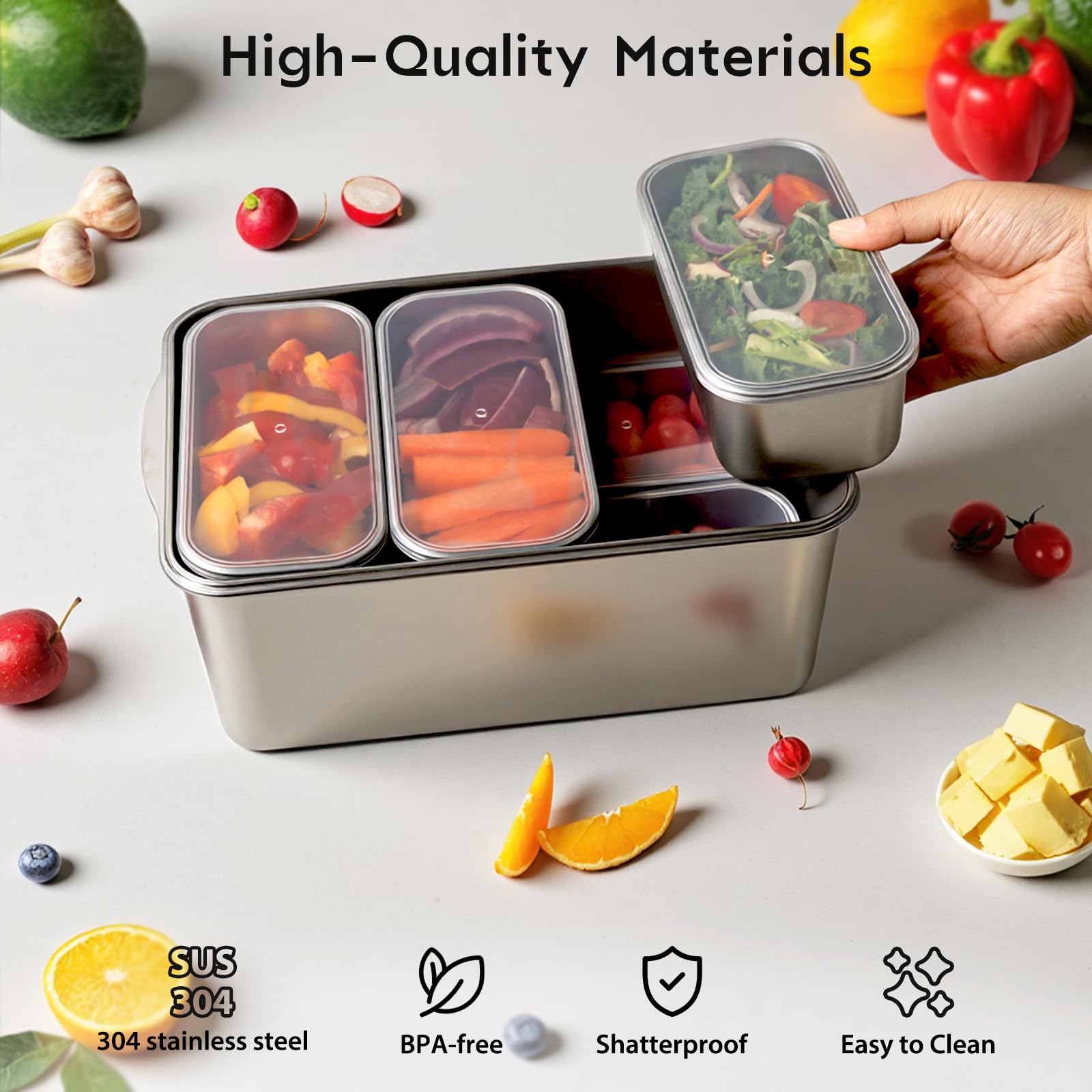 8 PCS Large Stainless Steel Food Storage Containers with Lids, 3 Sizes Meal Prep Containers Set for Vegetables, Fruits, Snacks, Roasting Chicken, Lasagna, BPA Free and Oven Safe (245oz, 31oz, 21oz)