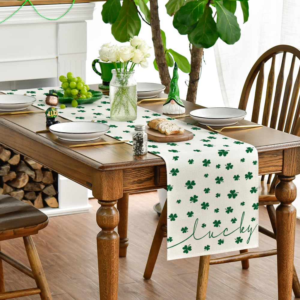 Artoid Mode Beige Lucky Shamrock St. Patrick's Day Table Runner, Seasonal Spring Holiday Kitchen Dining Table Decoration for Indoor Outdoor Home Party Decor 13 x 72 Inch