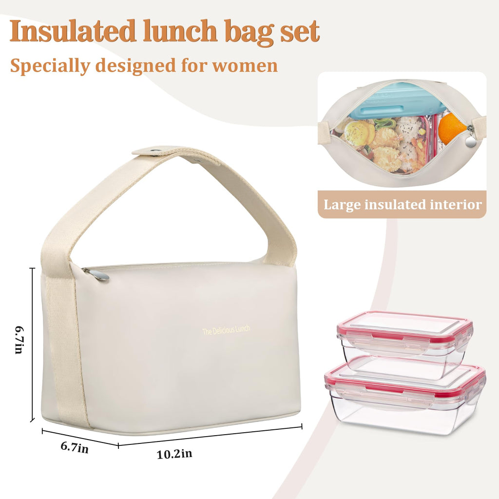 Lunch Bag Set For Women Insulated Leather Woman Lunch Bag With 2 Lunch Box Containers Spoon and Ice Pack Leakproof Reusable High Capacity Lunch Tote Bags for Work, Travel, Outdoor