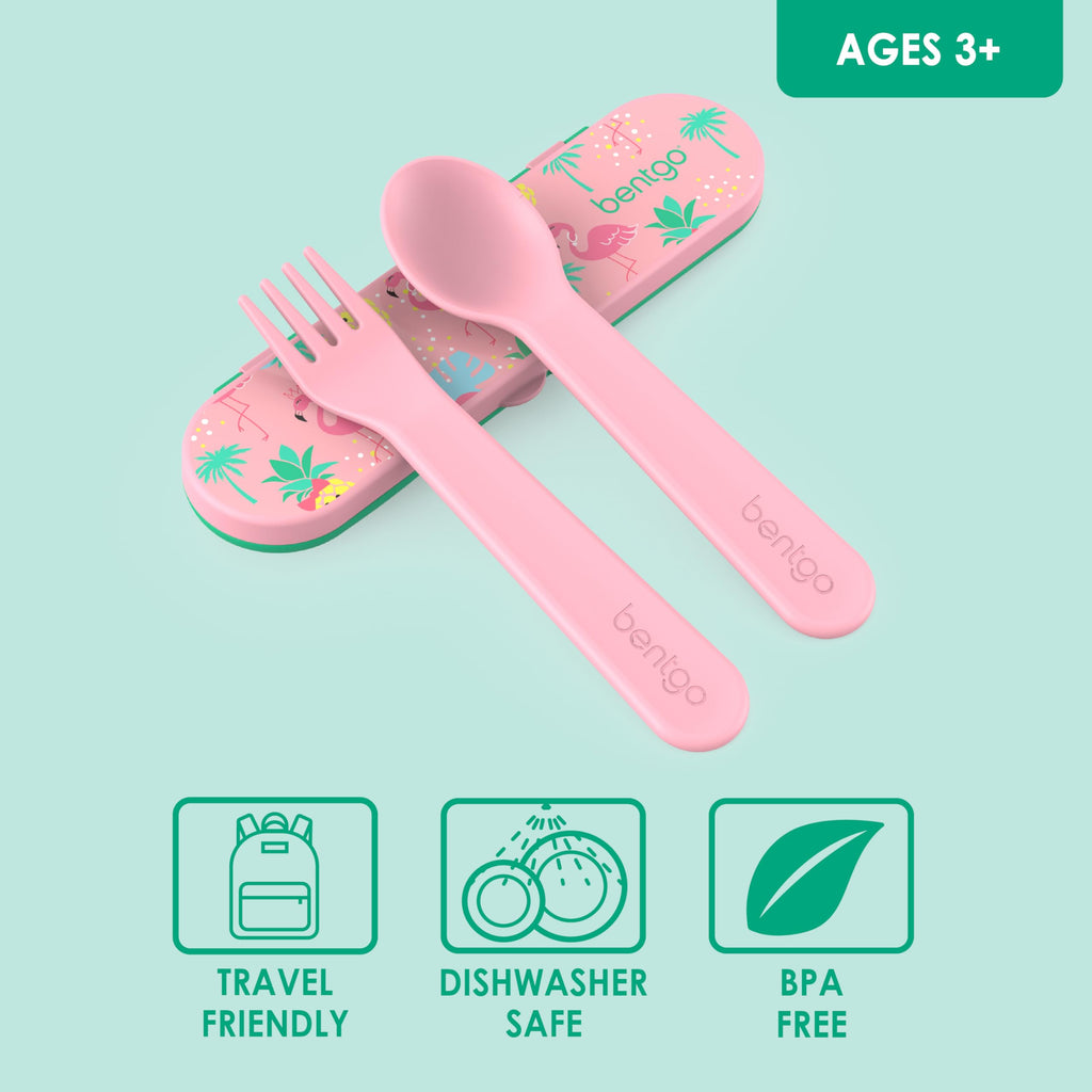 Bentgo Kids Utensil Set - Reusable Plastic Fork, Spoon & Storage Case BPA-Free Materials, Easy-Grip Handles, Dishwasher Safe Ideal for School Lunch, Travel, Outdoors (Rainbows and Butterflies)