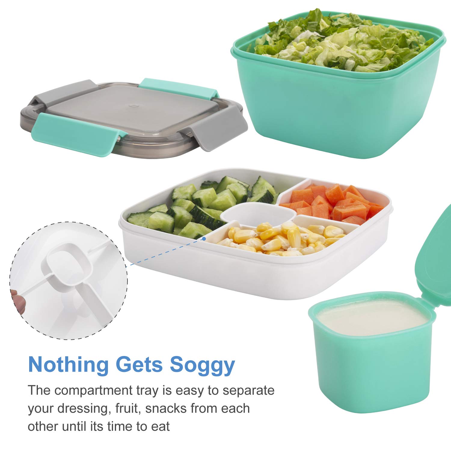 Freshmage Salad Lunch Container To Go, 52-oz Salad Bowls with 3 Compartments, Salad Dressings Container for Salad Toppings, Snacks, Men, Women (Blue)