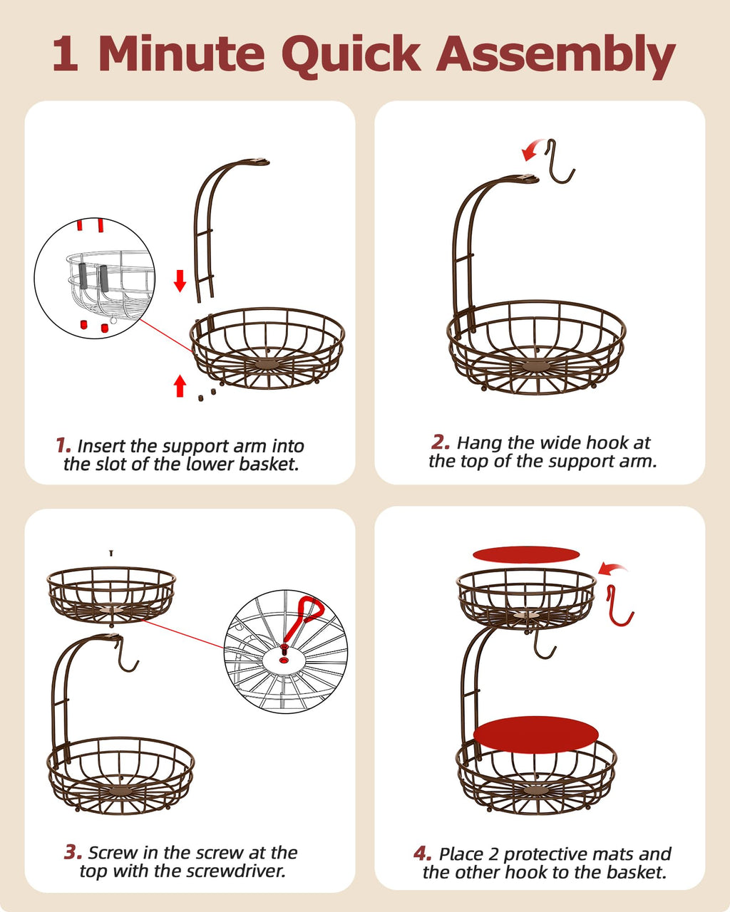 2 Tier Large Fruit Basket for Kitchen Counter with Removable Banana Hanger - Sturdy Iron Fruit Bowl for Kitchen Counter and Vegetable Holder, Fruit Holder for Kitchen Countertop, Black