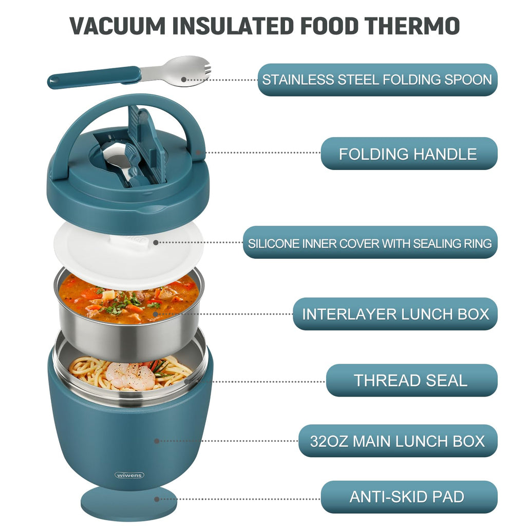 Thermo Food Jar for Hot Food Adults 32OZ Soup Thermo Lunch Containers Wide Mouth Vacuum Insulated Stainless Steel Leakproof Bento Box with Spoon (Black)