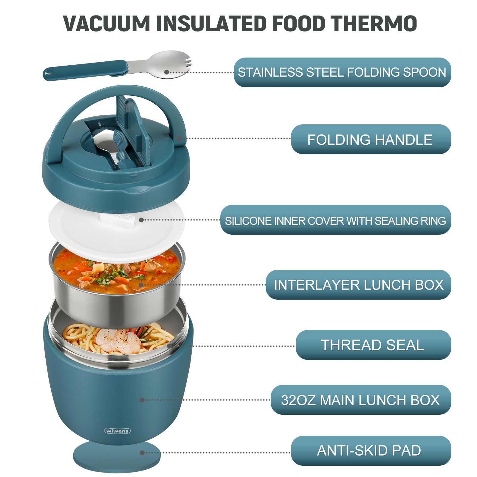Thermo Food Jar for Hot Food Adults 32OZ Soup Thermo Lunch Containers Wide Mouth Vacuum Insulated Stainless Steel Leakproof Bento Box with Spoon (Black)
