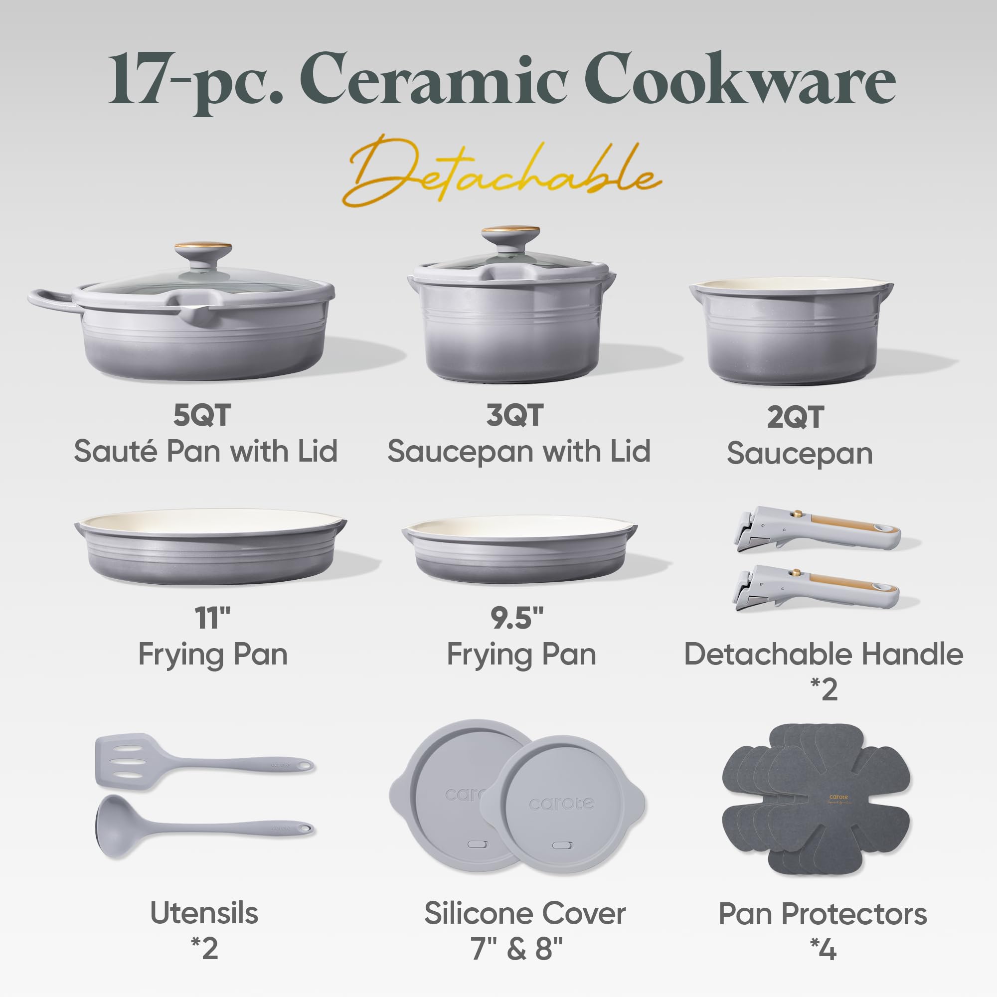 CAROTE 20Pcs Titanium Cookware Set, Pots and Pans Set Non Stick, Kitchen Cooking Set with Detachable Handle, Non Toxic Induction Cookware, Dishwasher/Oven Safe